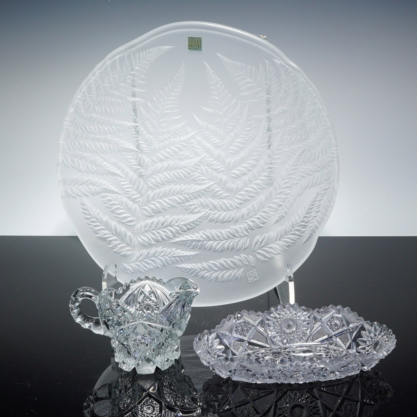 Three Piece Crystal and Glass Dish Lot Including Hoya Frosted Fern Platter and ABP Style Pressed (1 of 5)