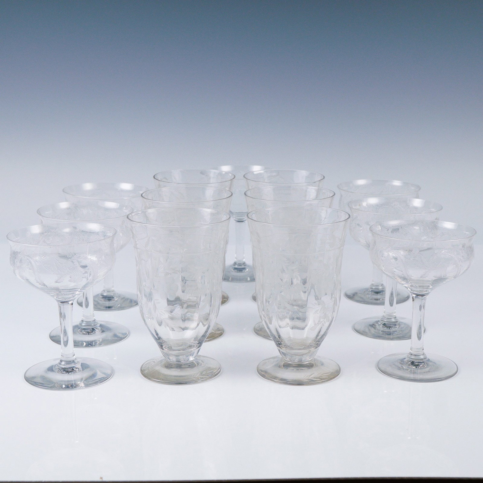 13pc Vintage Etched Glass Goblets and Coupes (1 of 4)