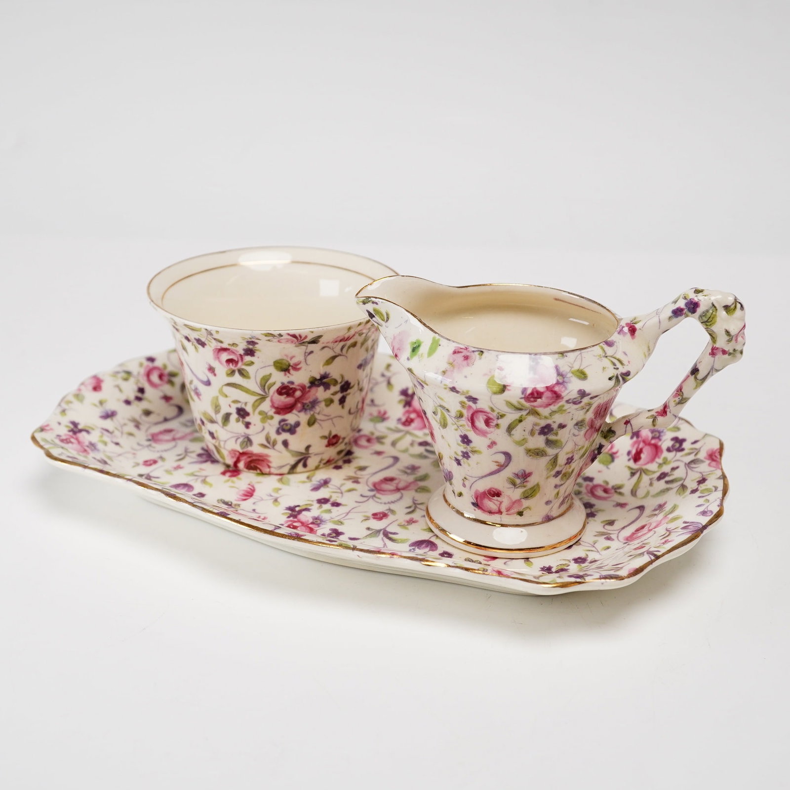 3pc James Kent Chelsea Rose Chintz Cream and Sugar Tray Set (1 of 3)