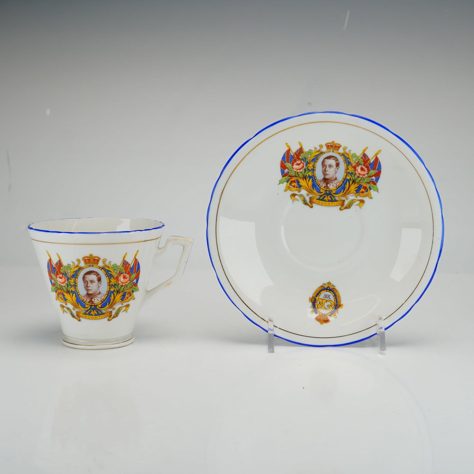 Sutherland China King Edward VIII Coronation Commemorative Cup and Saucer Set: This Sutherland China cup and saucer set was produced to commemorate the scheduled coronation of King Edward VIII on May 12, 1937. The front of the cup and the center of the saucer feature a transfer-