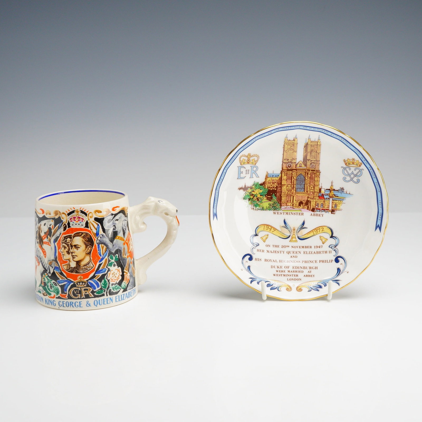 Two British Royal Commemorative Ceramics Featuring a 1937 King George and Queen Elizabeth Coronation: This lot consists of two British royal commemorative ceramic pieces. The first item is a large commemorative mug designed and modeled by Dame Laura Knight for the 1937 coronation of King George VI and