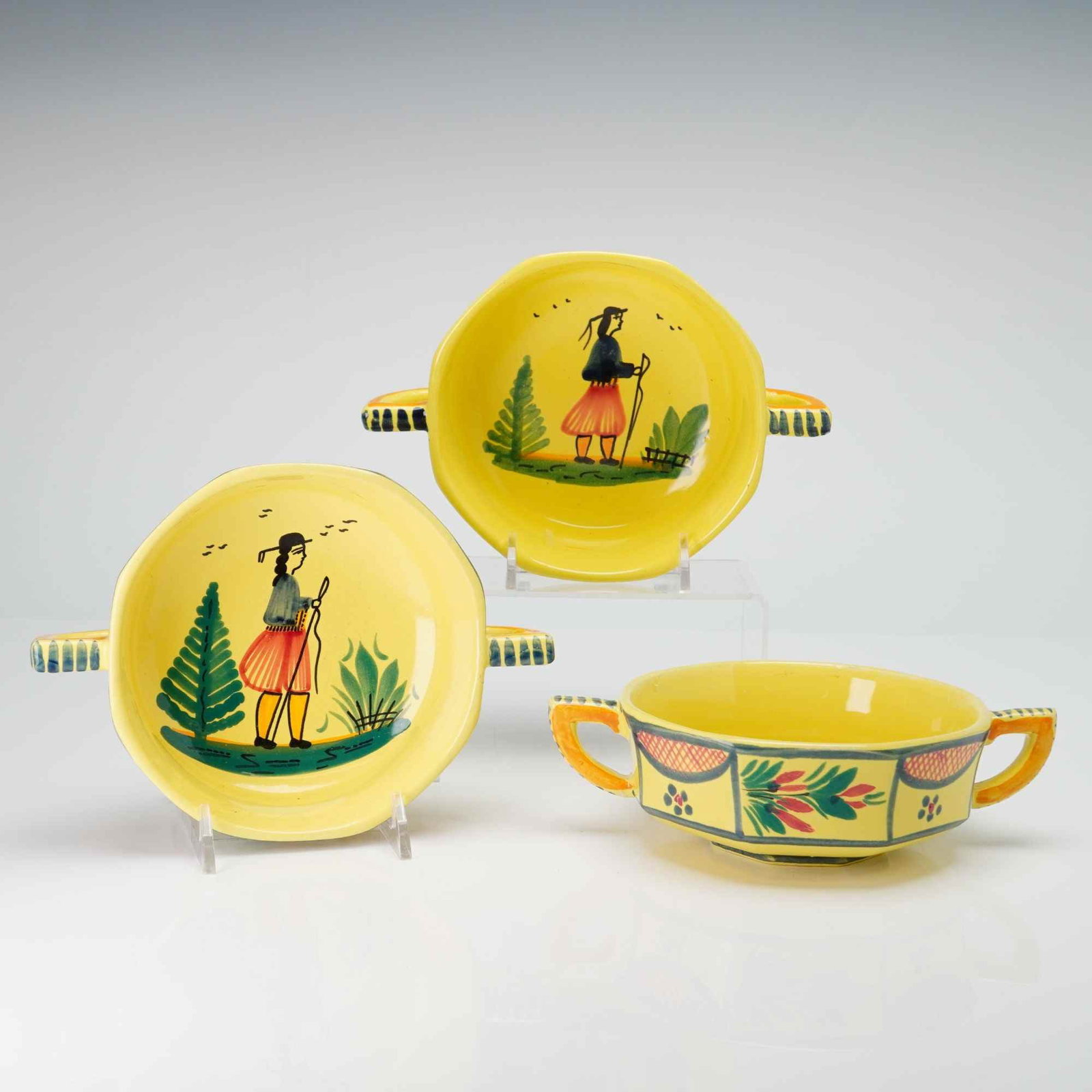 Three HB Quimper Soleil Yellow Octagonal Lugged Bowls: This trio of hand-painted faience earthenware bowls is produced by HB Quimper in the Soleil Yellow pattern. Each bowl features an octagonal, faceted form with two horizontal lug handles decorated with