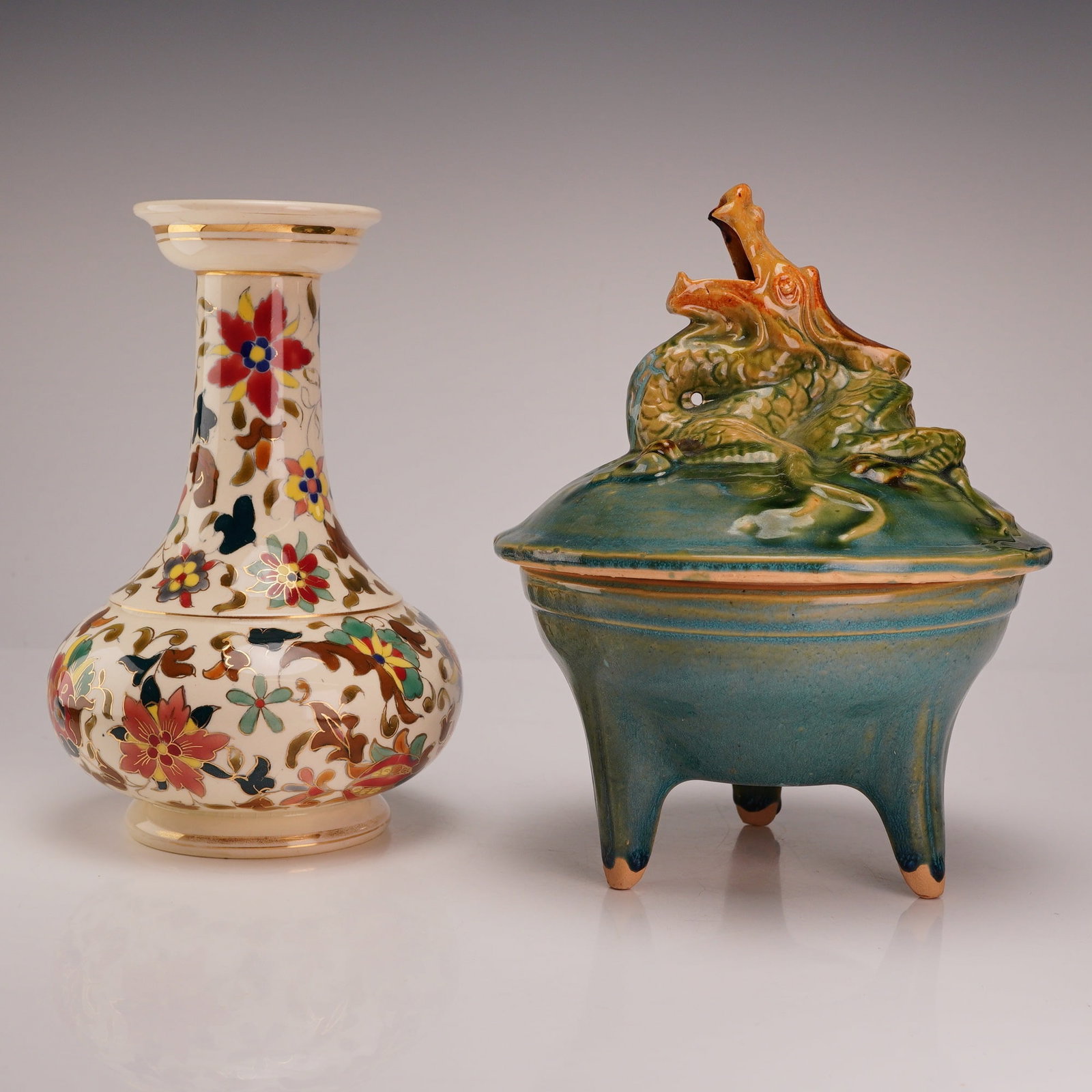 2pc Floral Porcelain Vase and a Chinese Style Tripod Censer (1 of 3)