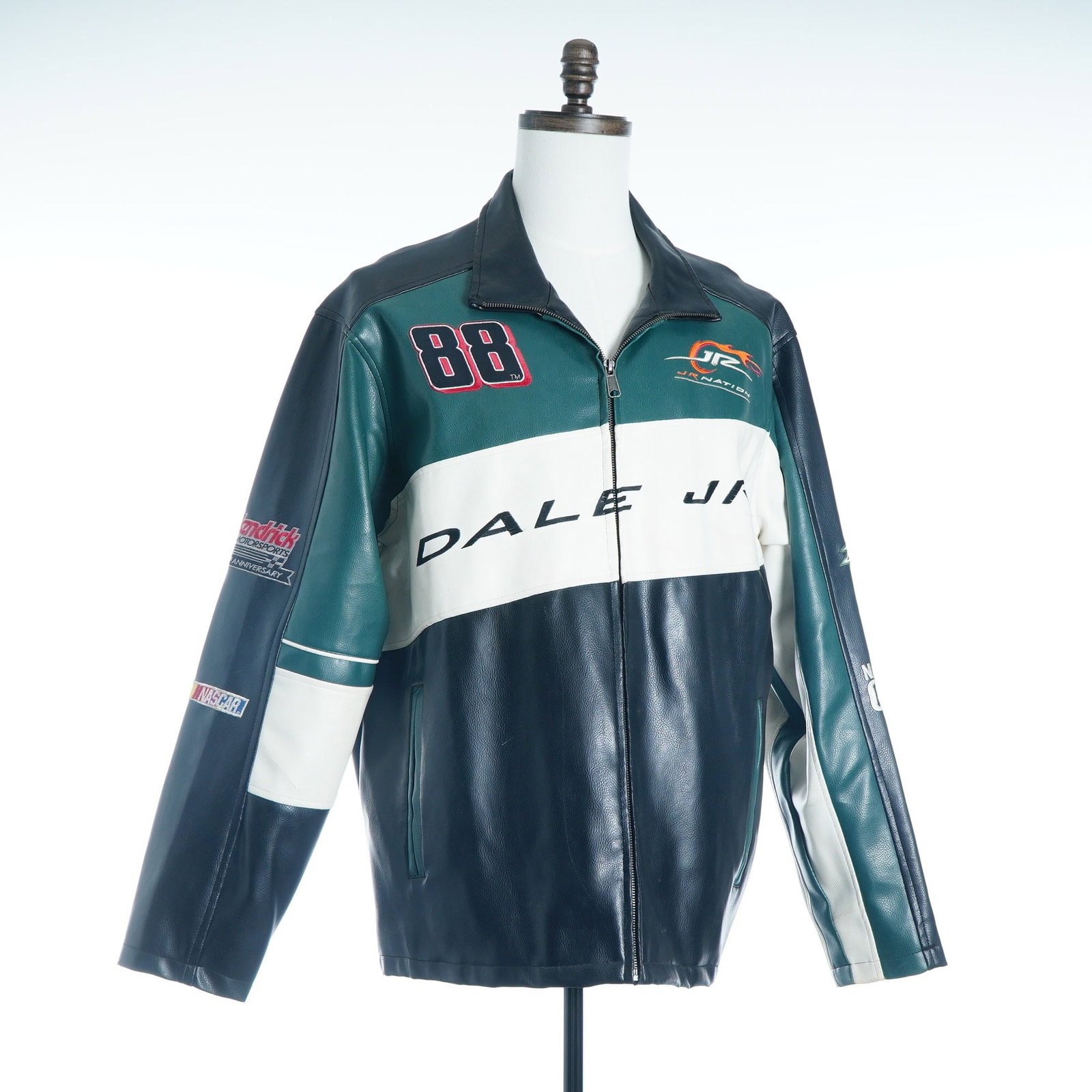 Dale Earnhardt Jr. #88 Hendrick Motorsports Leather Racing Jacket, Size L: This is a heavyweight leather racing-style jacket featuring the colors and sponsors associated with Dale Earnhardt Jr. during his tenure with Hendrick Motorsports. The jacket is constructed from color