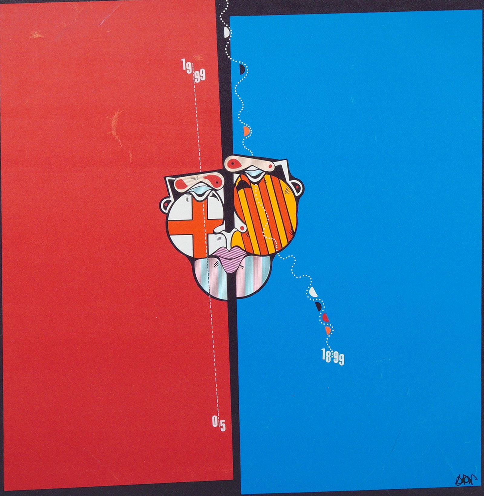 Oswald Aulestia Spanish b. 1946 Football Club Barcelona Giclee on Canvas: This giclee on canvas titled Football Club Barcelona from 2004 is by the Spanish artist Oswald Aulestia born 1946. The contemporary graphic work features a stylized abstract central figure split betwe