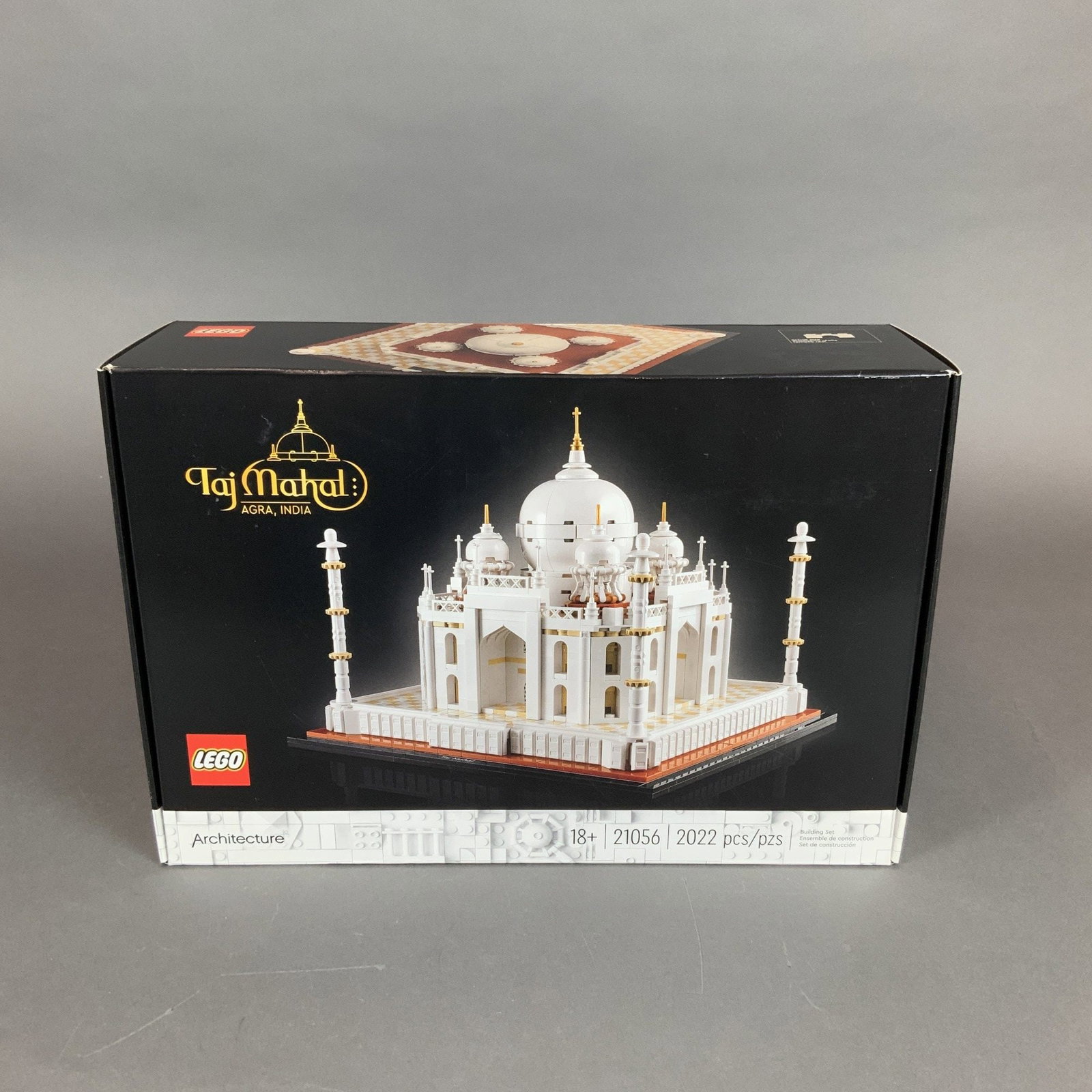 LEGO Architecture Taj Mahal Building Set: A LEGO Architecture building set of the Taj Mahal, located in Agra, India, designated as set number 21056. The set consists of 2,022 plastic pieces and is part of the Landmarks Collection. The model f