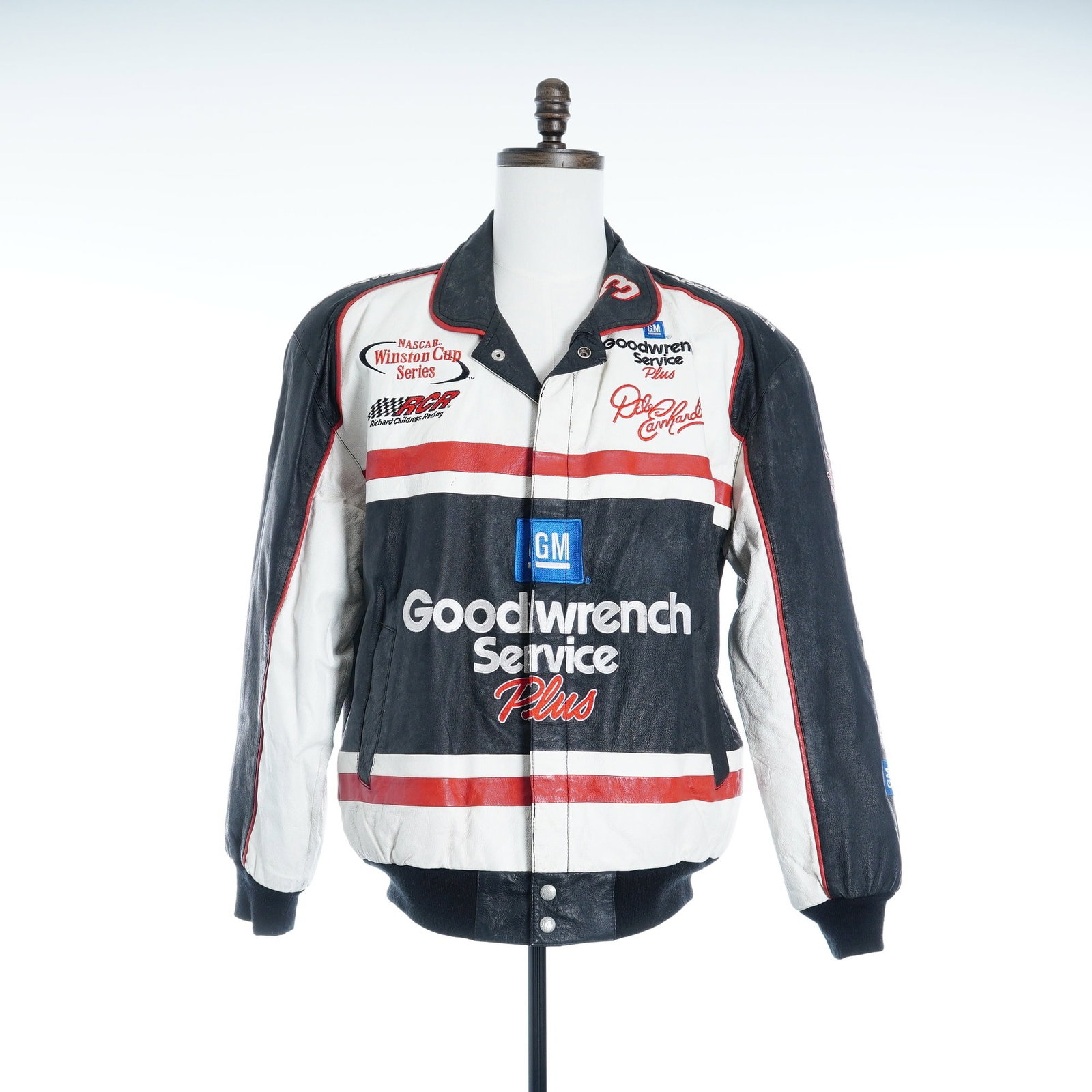 Dale Earnhardt GM Goodwrench Leather Jacket, Size XL: This is a vintage multi-colored leather racing jacket from the Jeff Hamilton Racing Collection, commemorating NASCAR driver Dale Earnhardt and the Richard Childress Racing team. The heavy leather garm