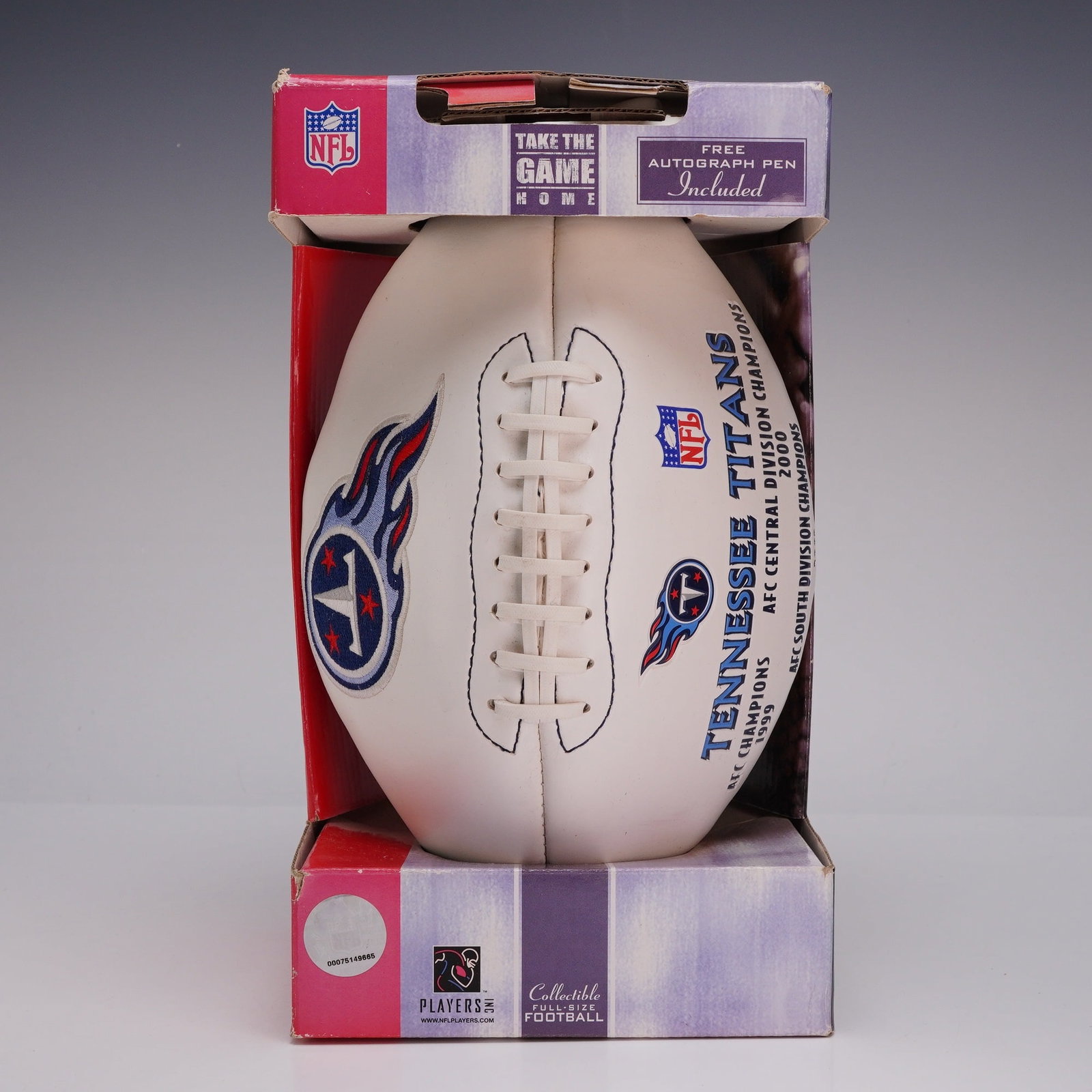 NFL Tennessee Titans Collectible Full-Size Football: This is a full-size commemorative Tennessee Titans autograph football distributed by K2LP, Inc. The ball features three white synthetic panels designed for signatures and one panel with a traditional 