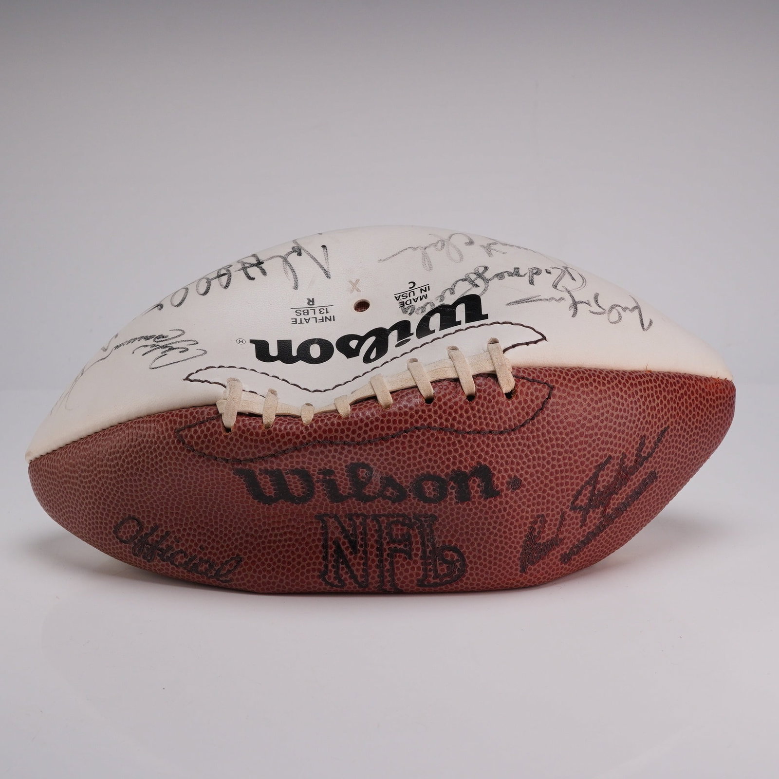 Wilson Official NFL Multi-Signed Autograph Football Featuring Ted Hendricks, Rod Martin & Don: Wilson brand Official NFL football constructed with one brown pebbled leather panel and three smooth white panels intended for autograph collection. The brown panel features the Wilson logo and Offici