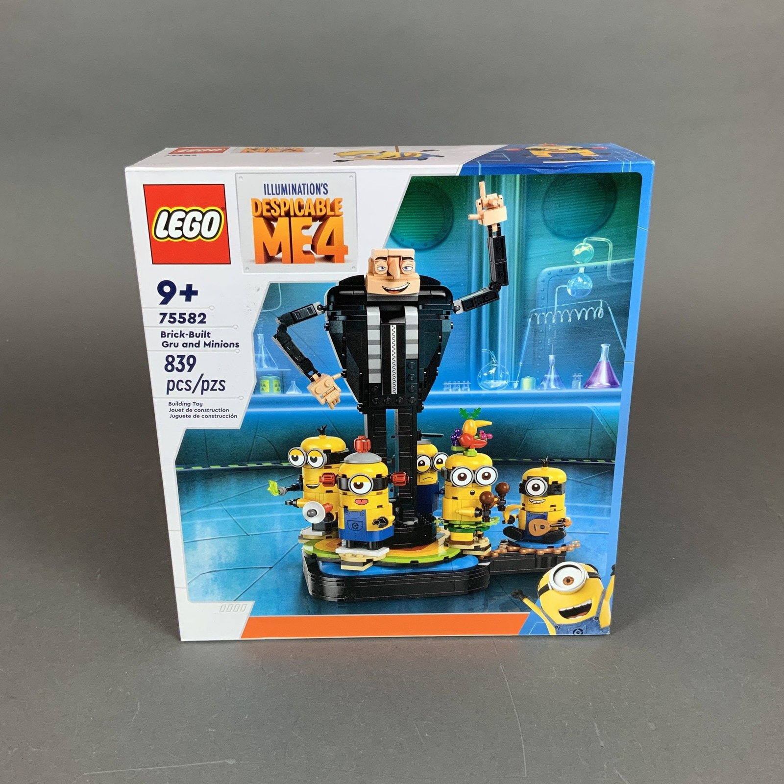 LEGO Despicable Me 4 Brick-Built Gru and Minions Set: This LEGO construction set, titled Brick-Built Gru and Minions, is identified by set number 75582 and is part of the Despicable Me 4 theme. The set consists of 839 plastic building elements and is