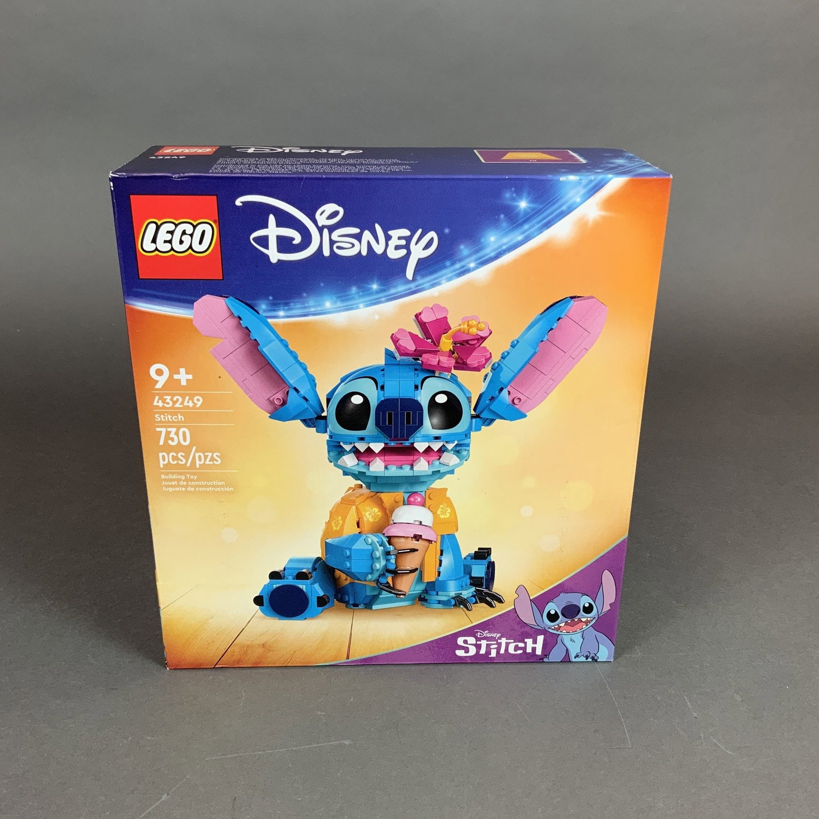 LEGO Disney Stitch Building Set: This LEGO Disney building set, item number 43249, features the character Stitch from the film Lilo and Stitch. The set consists of 730 plastic pieces designed for builders aged 9 and up. The completed
