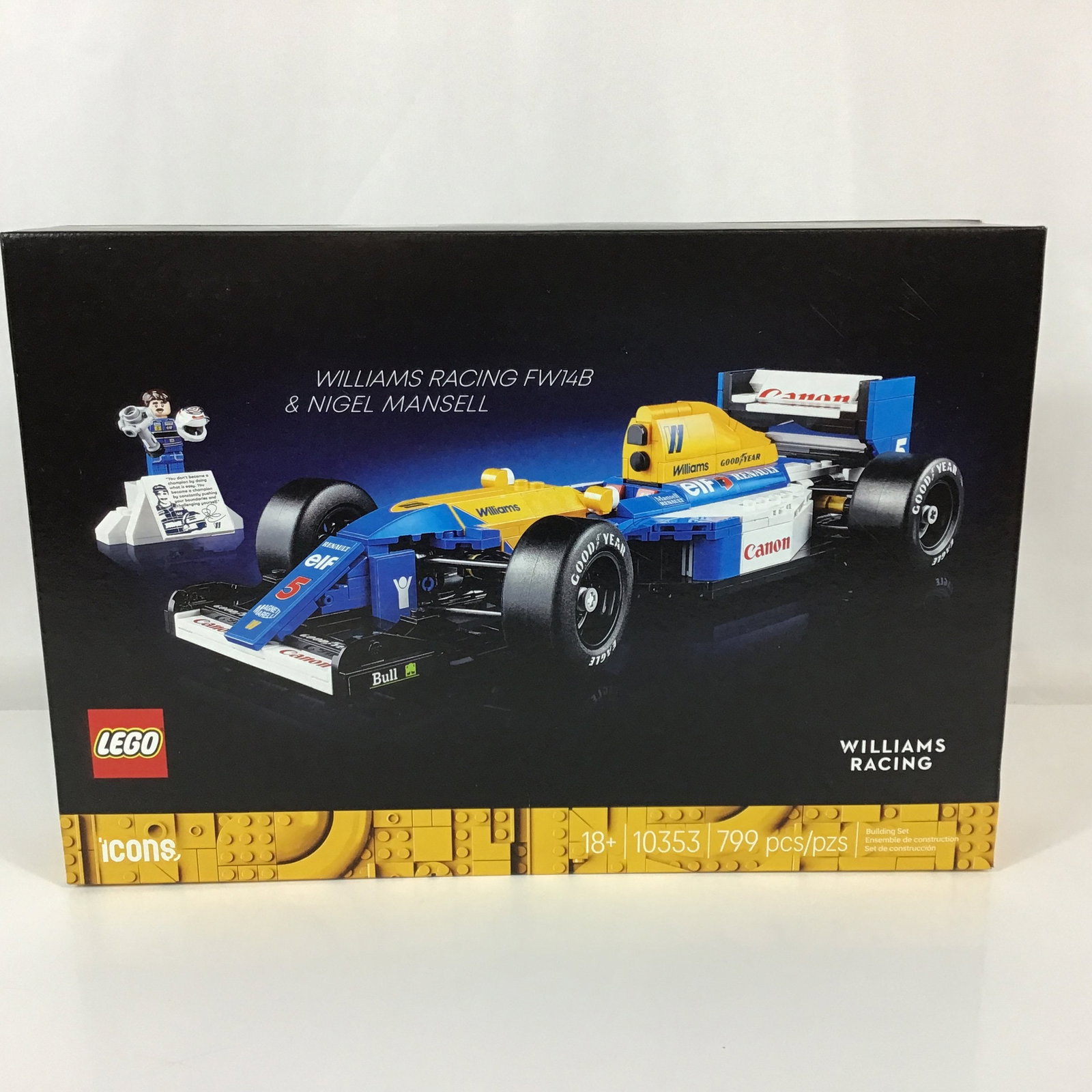 LEGO Icons Williams Racing FW14B and Nigel Mansell Building Set: This LEGO Icons building set, model 10353, features a detailed replica of the Williams Racing FW14B Formula 1 car alongside a Nigel Mansell minifigure. The 799-piece set, identified by UPC 67341940492