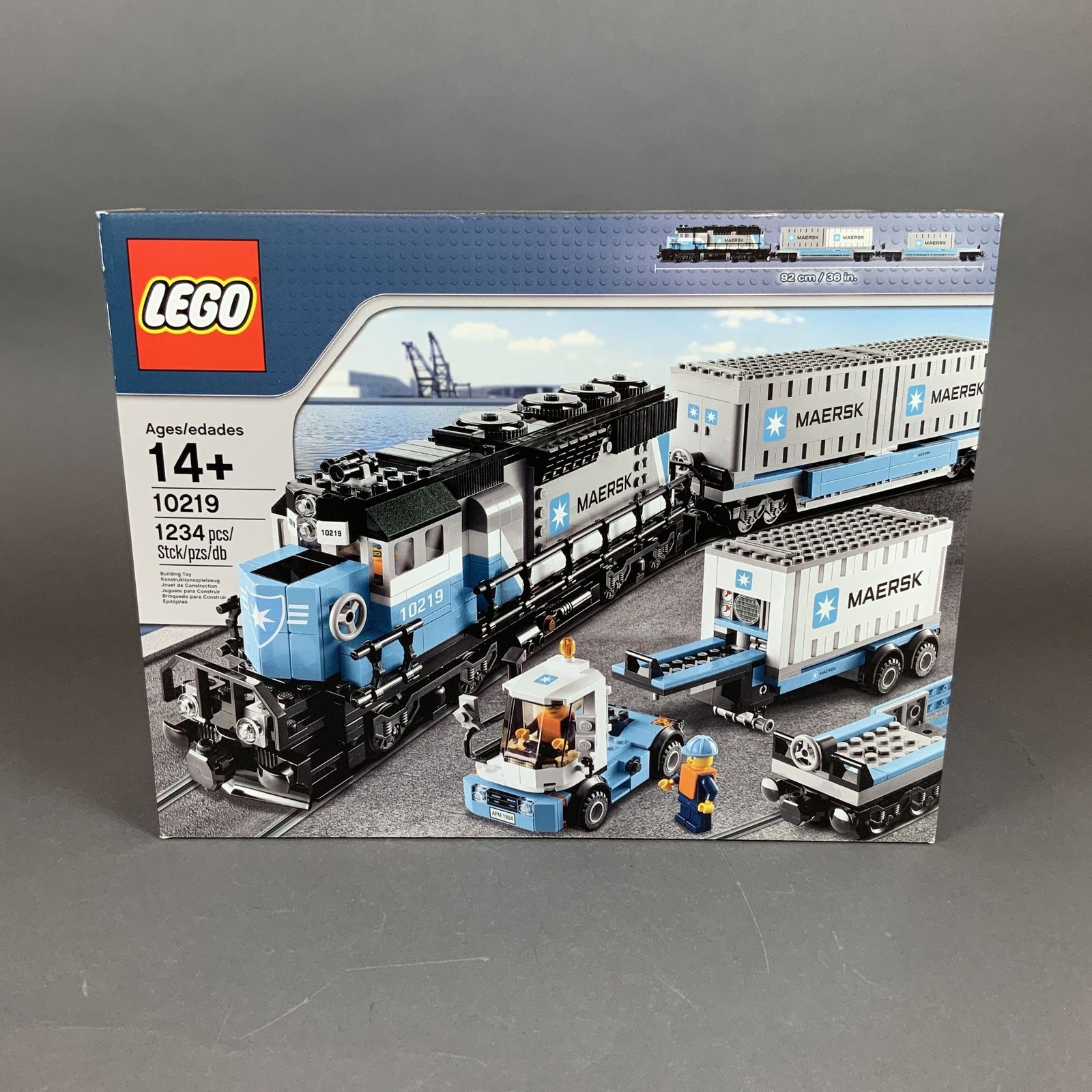 LEGO Maersk Container Train Set: This LEGO Creator Expert set, identified as number 10219, is the Maersk Container Train. The set is composed of 1,234 plastic construction pieces and was produced by LEGO in 2011. The model features a