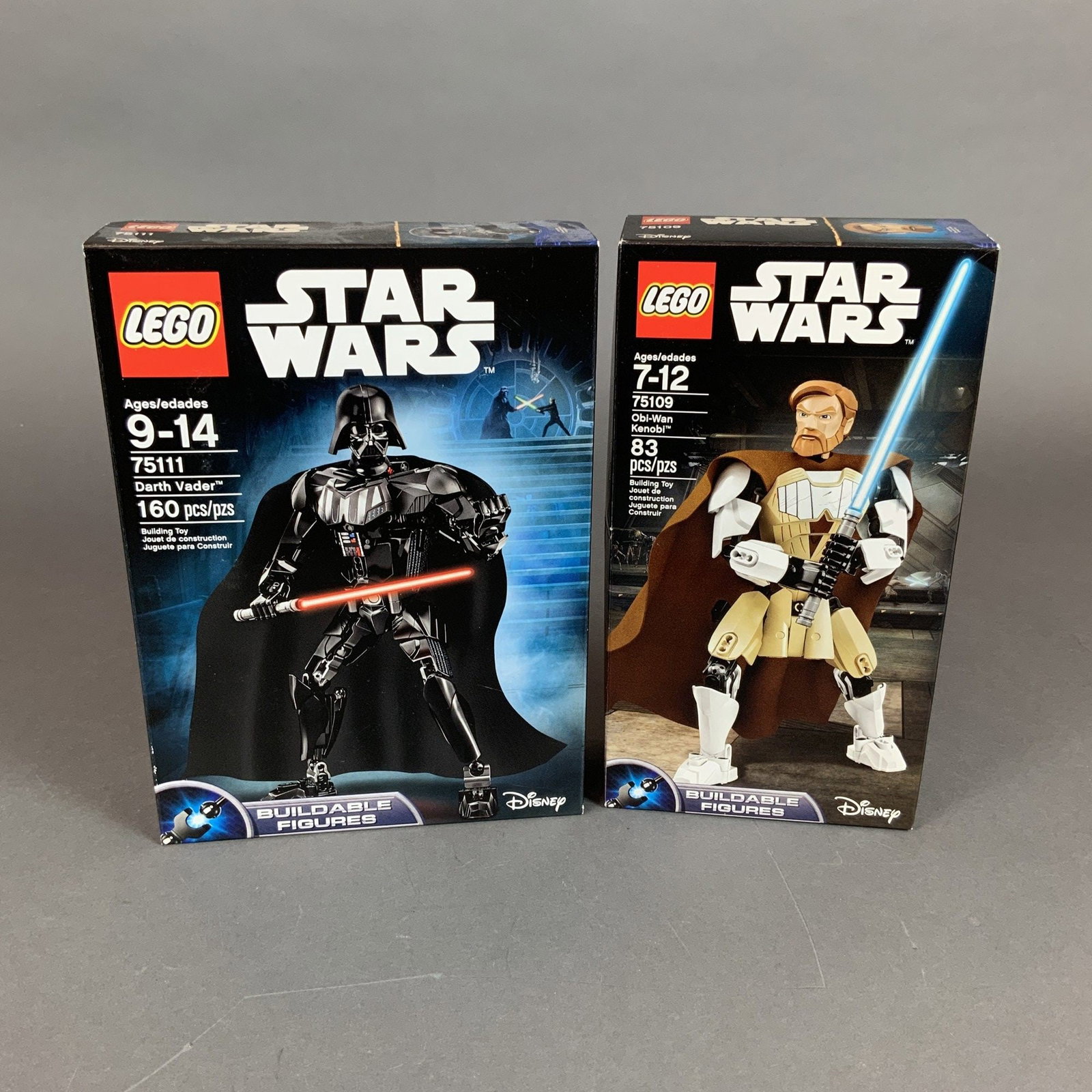 Two LEGO Star Wars Buildable Figures Sets 75109 and 75111: A group of LEGO Star Wars Buildable Figures sets manufactured by LEGO. This lot includes set 75109 Obi-Wan Kenobi and set 75111 Darth Vader. Both sets are presented in their original retail packaging 