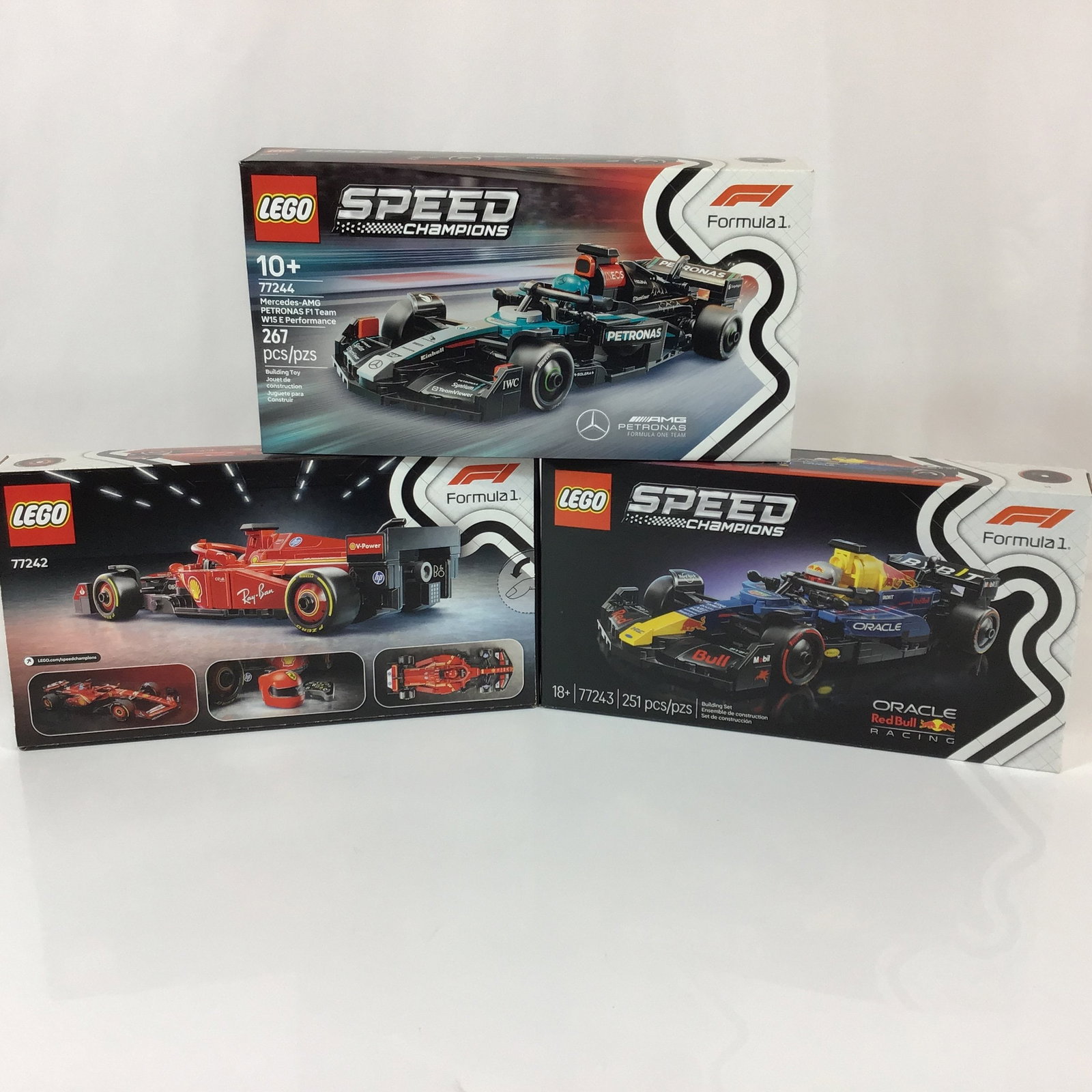 3pc LEGO Speed Champions Formula 1 Racing Building Sets: This lot features three factory-sealed building sets from the LEGO Speed Champions Formula 1 series, manufactured by the LEGO Group. These sets are officially licensed products representing the Ferrar