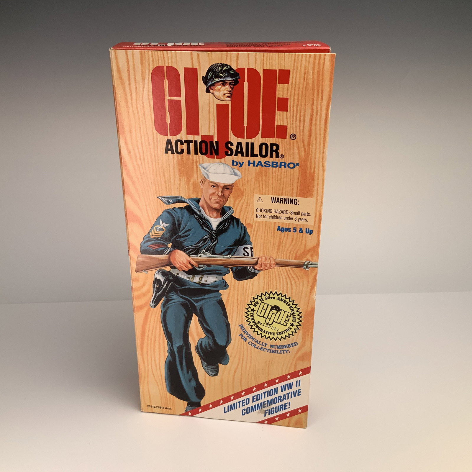 Hasbro G.I. Joe Action Sailor WWII 50th Anniversary Commemorative Edition Figure: This Hasbro G.I. Joe Action Sailor is an action figure from the World War II 50th Anniversary Commemorative Series, released circa 1995. The figure is constructed of plastic with a fabric uniform repr