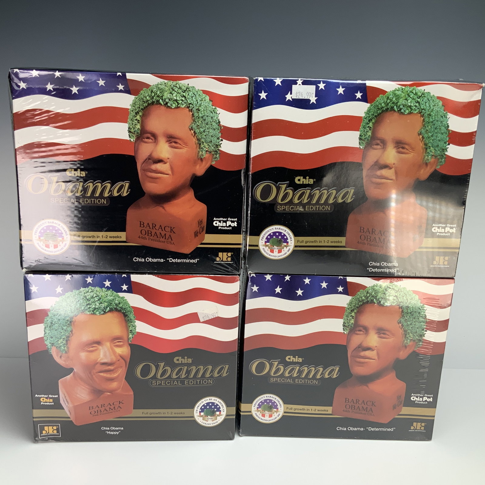 4pc Joseph Enterprises Chia Obama Special Edition: A collection of Joseph Enterprises Chia Obama Special Edition handmade terracotta planters. These presidential collectibles commemorate the inauguration of Barack Obama as the 44th President of the Un