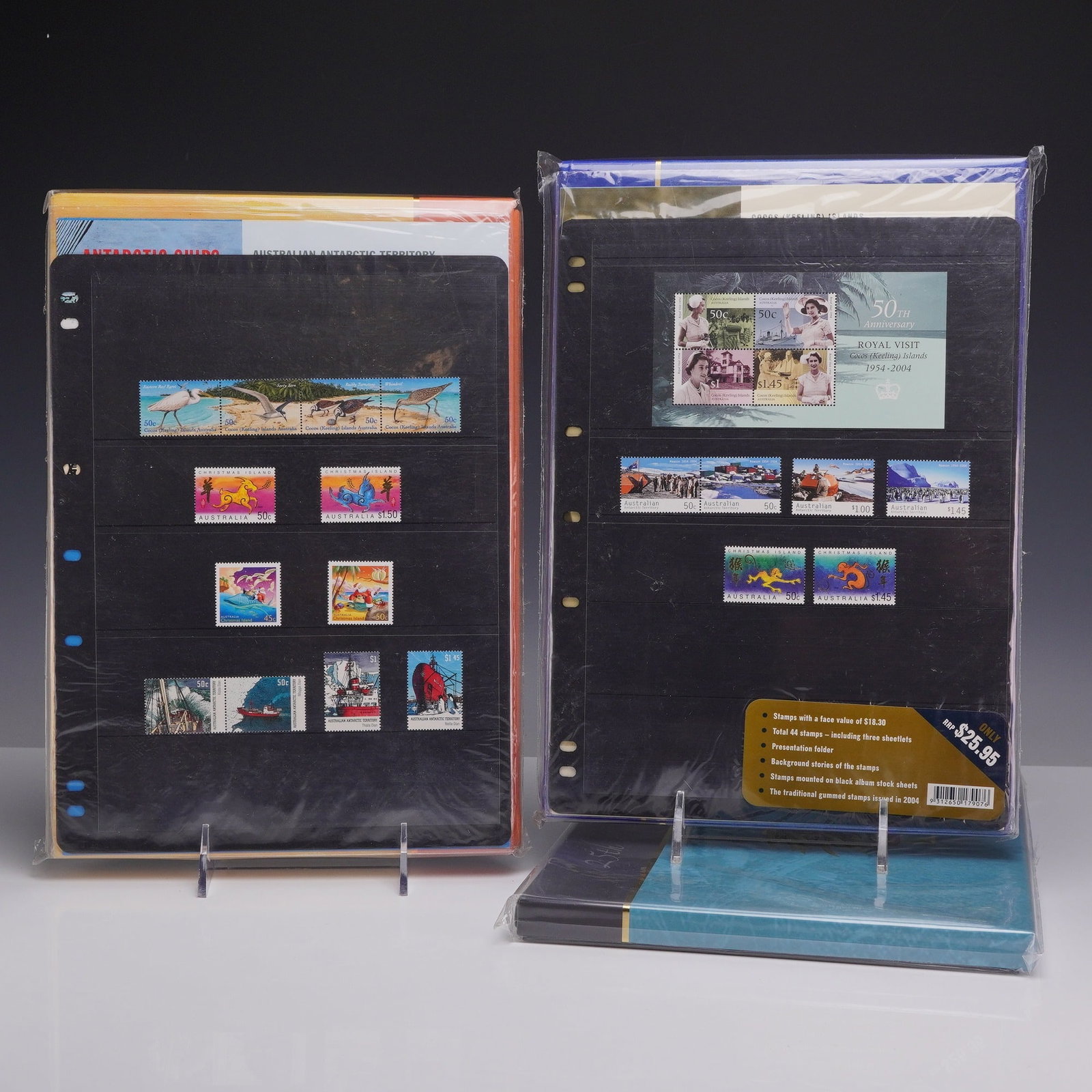 Three Australian 2003-2005 Post Annual Deluxe Stamp Collections: A trio of official annual deluxe stamp collections issued by Australia Post for the years 2003, 2004, and 2005. Each volume consists of a hardbound illustrated presentation folder with matching slipca