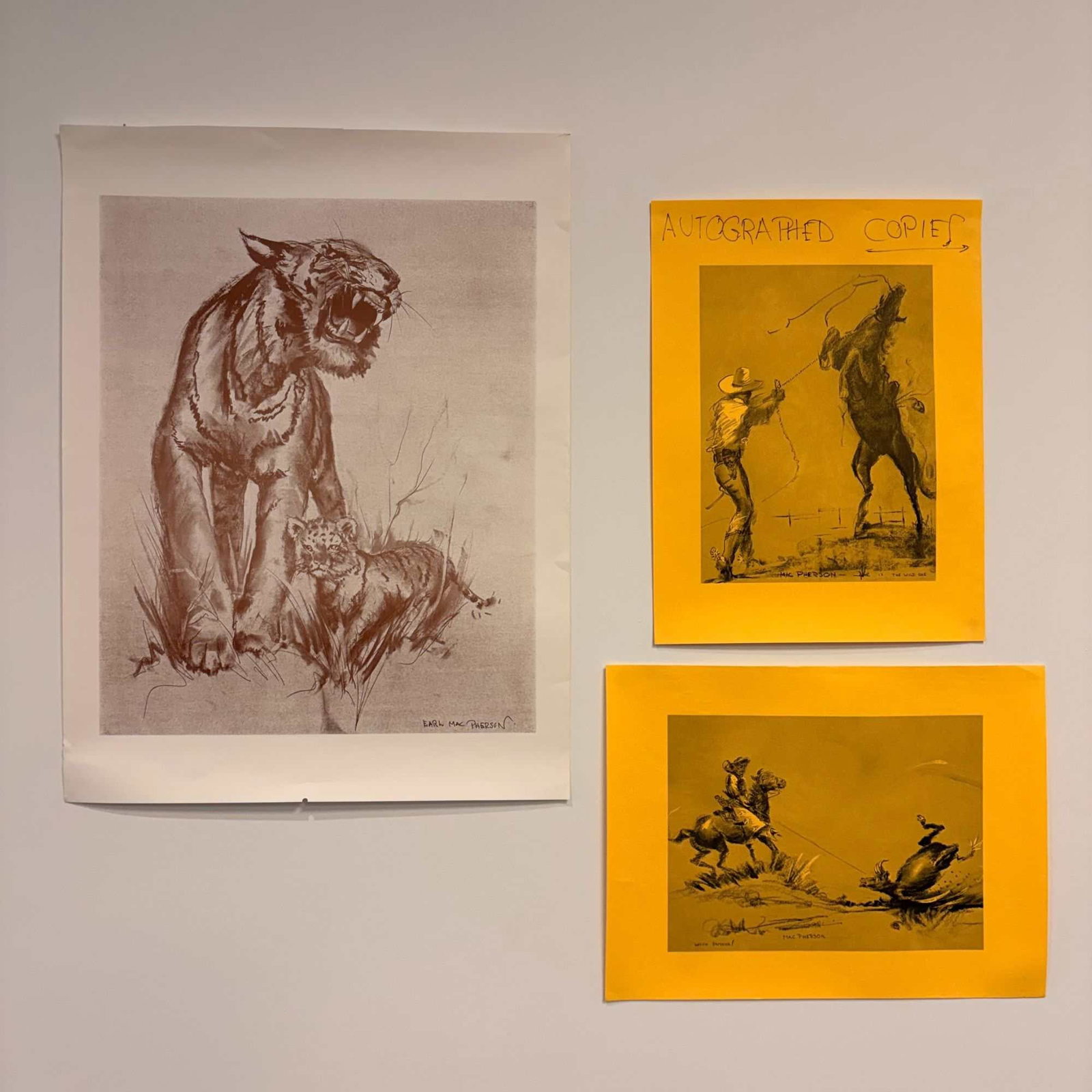 Earl MacPherson Three Piece Art Poster Collection: This collection comprises three art posters by American artist Earl MacPherson. The largest item is a monochromatic lithographic reproduction in sepia tones on cream paper depicting a leopard and cub.