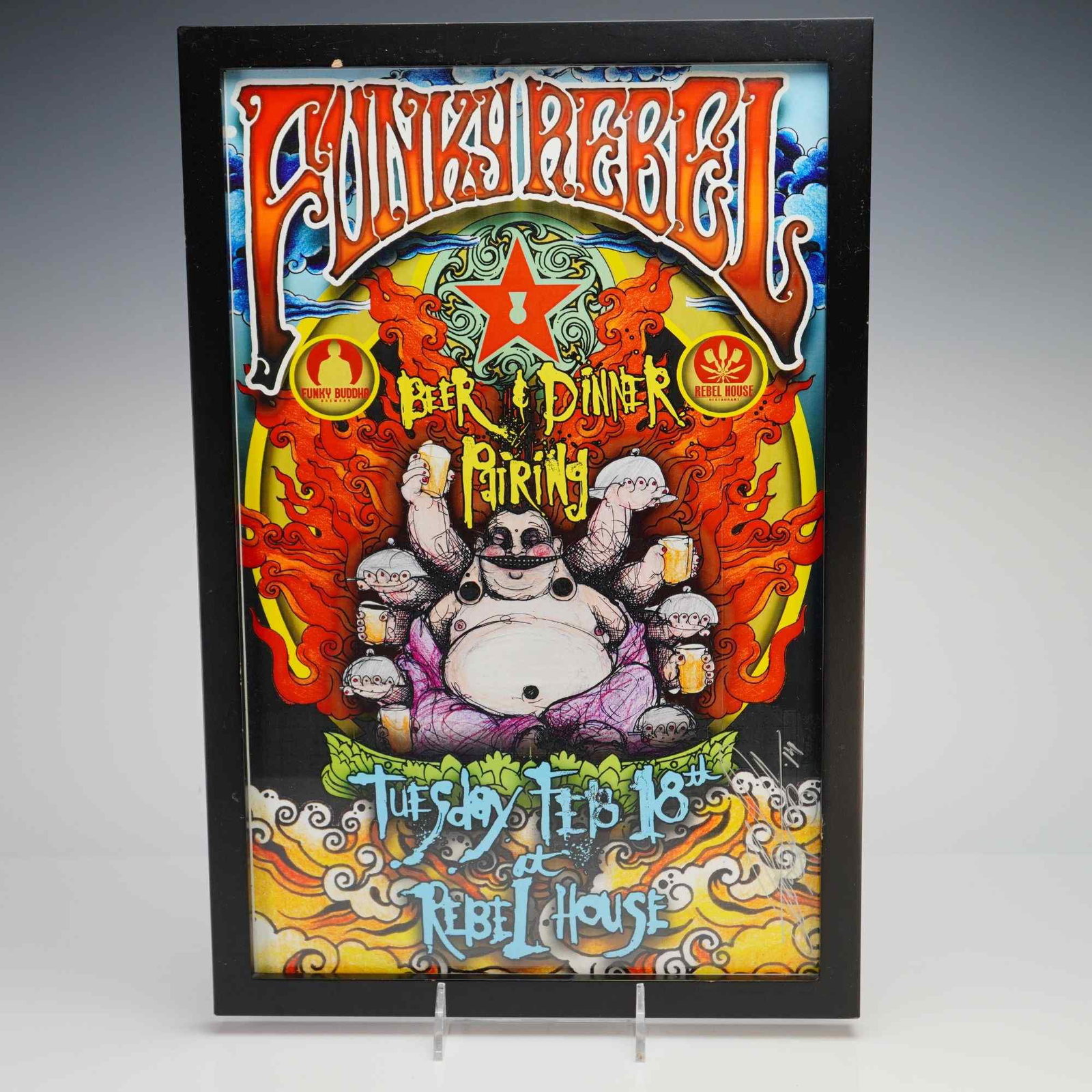 Funky Buddha Brewery and The Rebel House, Framed Advertising Poster, Funky Rebel Beer Dinner Pairing: This framed Funky Buddha advertising poster was produced to promote the Funky Rebel Beer Dinner Pairing, a collaborative culinary event held at The Rebel House restaurant. The artwork features a vibra