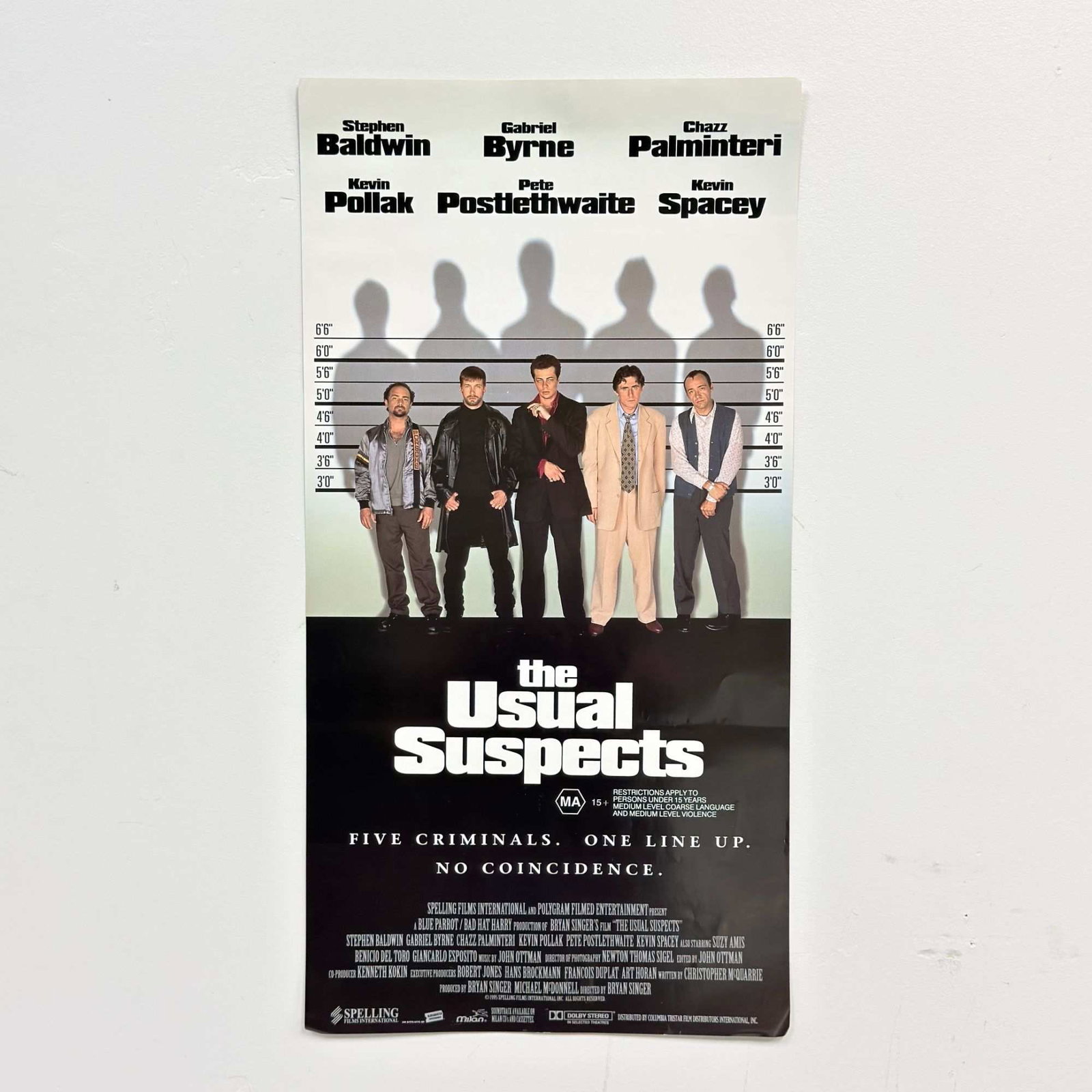 The Usual Suspects (1995) Original Australian Theatrical Movie Poster: This is an original theatrical release movie poster for the 1995 film The Usual Suspects, directed by Bryan Singer. Produced by Spelling Films International and Polygram Filmed Entertainment, the post