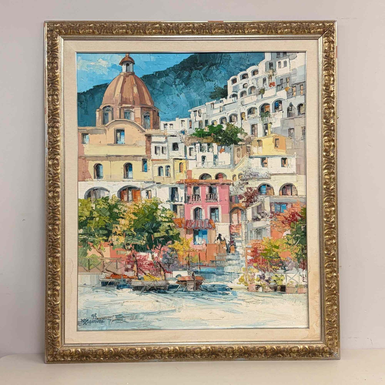 Antonio Di Viccaro (Italian, b. 1935) Original Large Oil on Canvas, Positano, 1995: A large-scale oil painting on stretched canvas by Italian artist Antonio Di Viccaro (b. 1935), titled Positano. The composition captures the iconic coastal landscape of Positano, featuring its vibrant