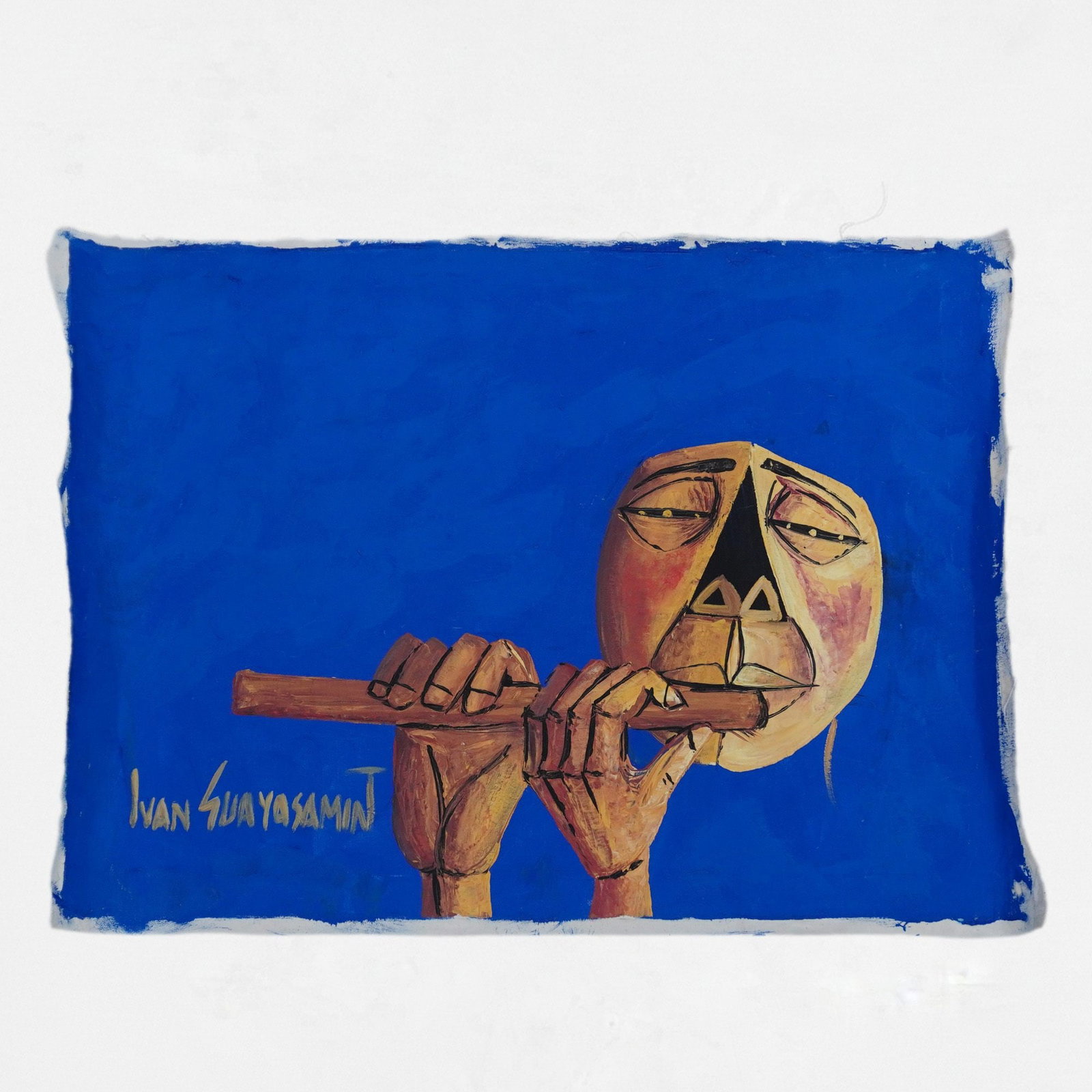 Ivan Guayasamin Trujillo (Ecuadorian b. 1950), Acrylic on Canvas, Flutist, Signed: This unstretched acrylic on canvas painting by Ivan Guayasamin TrujilloIvan Guayasamin depicts n indigenous stylized figure playing a flute, characterized by elongated fingers and angular facial featu