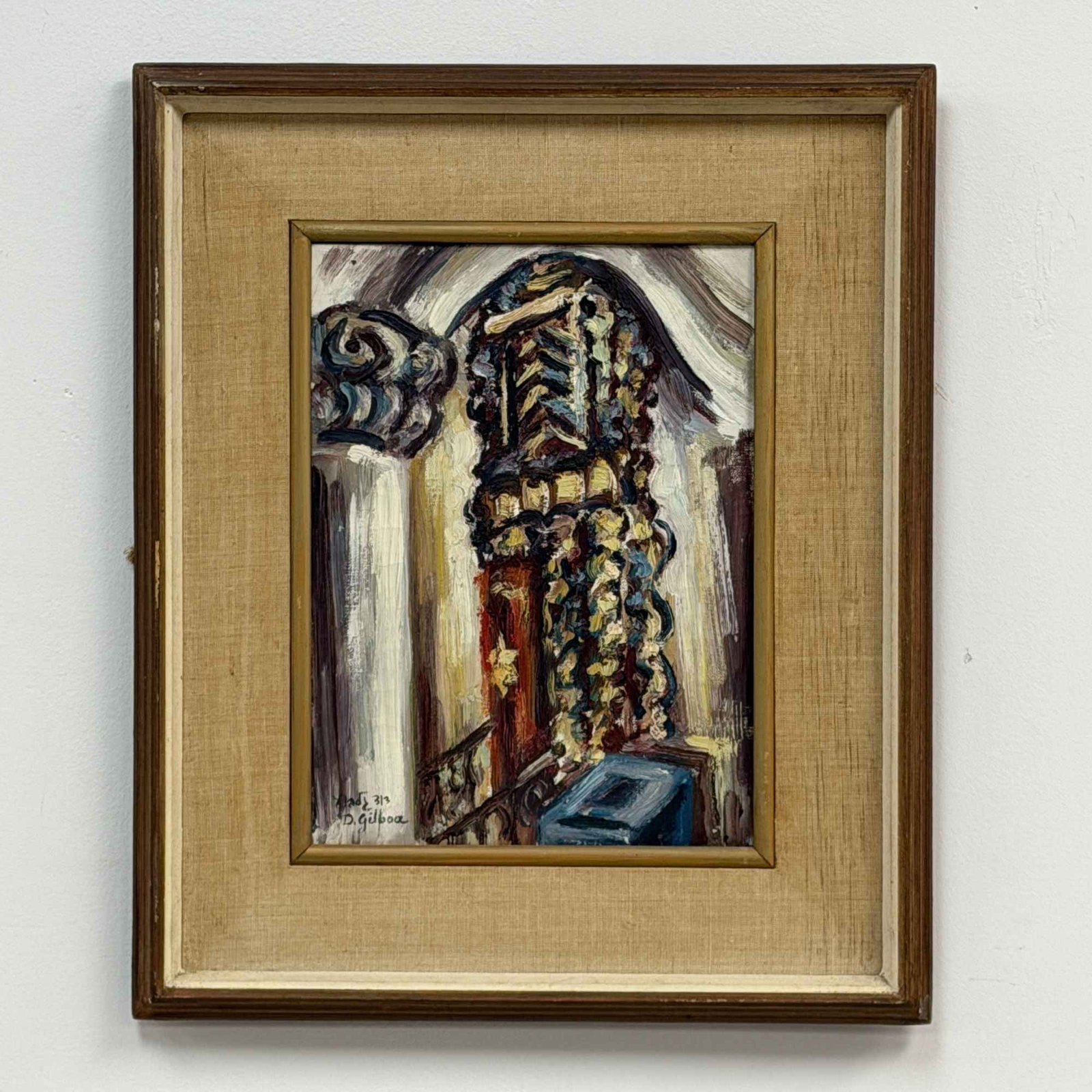 David Gilboa (Israeli, 1910-1976), Synagogue Interior, Oil on Canvas: This framed oil on canvas painting is by David Gilboa (Israeli, 1910-1976). The expressionistic artwork depicts a religious interior, specifically a synagogue setting, focused on an ornate Torah Ark d