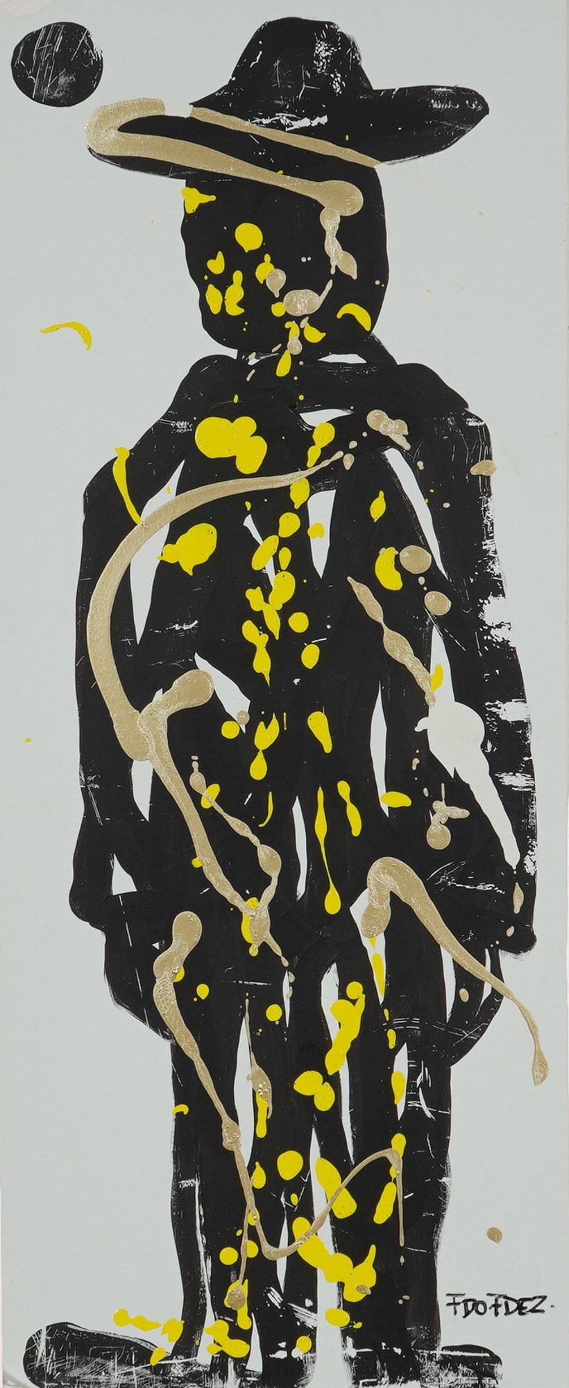 FDO.FDEZ (Fernando Fernandez, Cuban b. 1962) Acrylic on Board, Signed: This Street Art expressive painting by Cuban artist FDO.FDEZ aka Fernando Fernandez depicts a stylized, full-length black silhouette of a figure wearing a wide-brimmed hat, positioned against a plain 