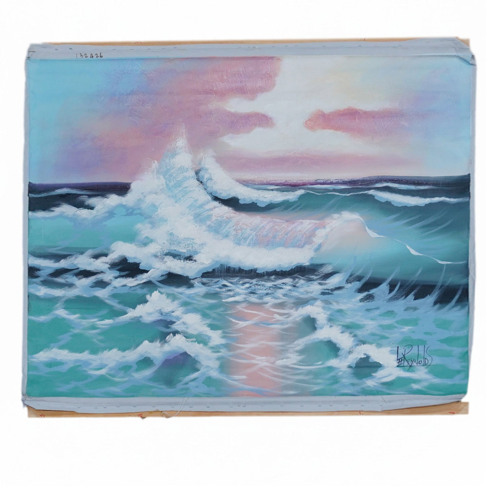 Lee Reynolds (American 1936-2017) Oil on Unstretched Canvas, Seascape, Signed: This oil painting on unstretched canvas by artist Lee Reynolds depicts dynamic crashing waves under a soft, pastel-toned sky of pink and lavender. The artist employs a combination of smooth blending i