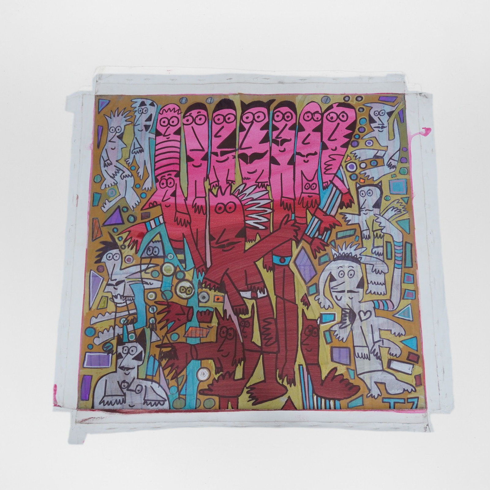 Pop & Street Art Mixed Media Painting on Unstretched Canvas: This acrylic and markers painting on unstretched canvas features a dense, neo-expressionist composition of stylized, cartoonish figures in a vibrant palette of pinks, reds, and greys. The scene is anc