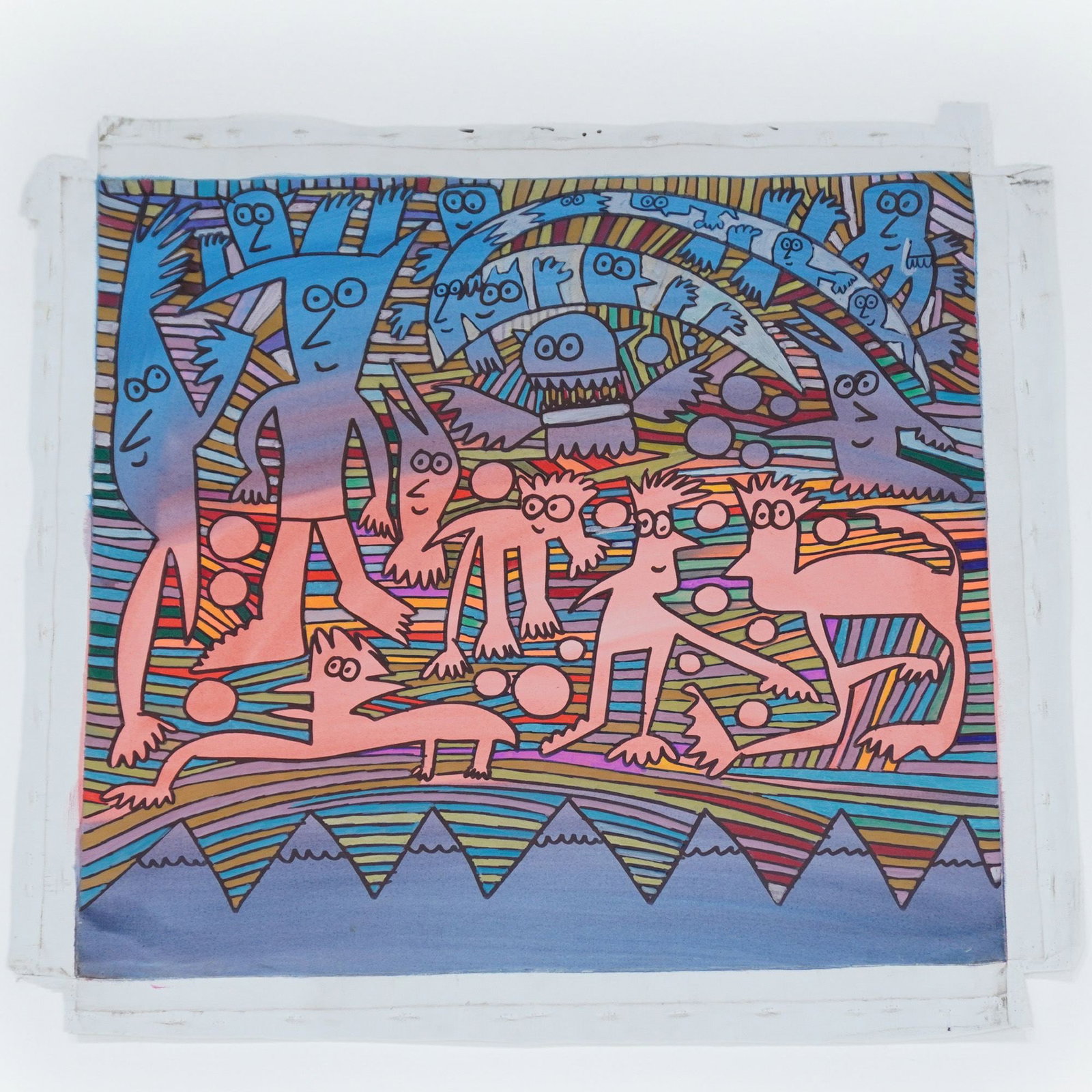 Pop & Street Art Mixed Media Painting on Unstretched Canvas: This contemporary work made with acrylic paint and markers on unstretched canvas. features a vibrant and energetic composition of whimsical, cartoon-like creatures rendered in shades of blue and pink 