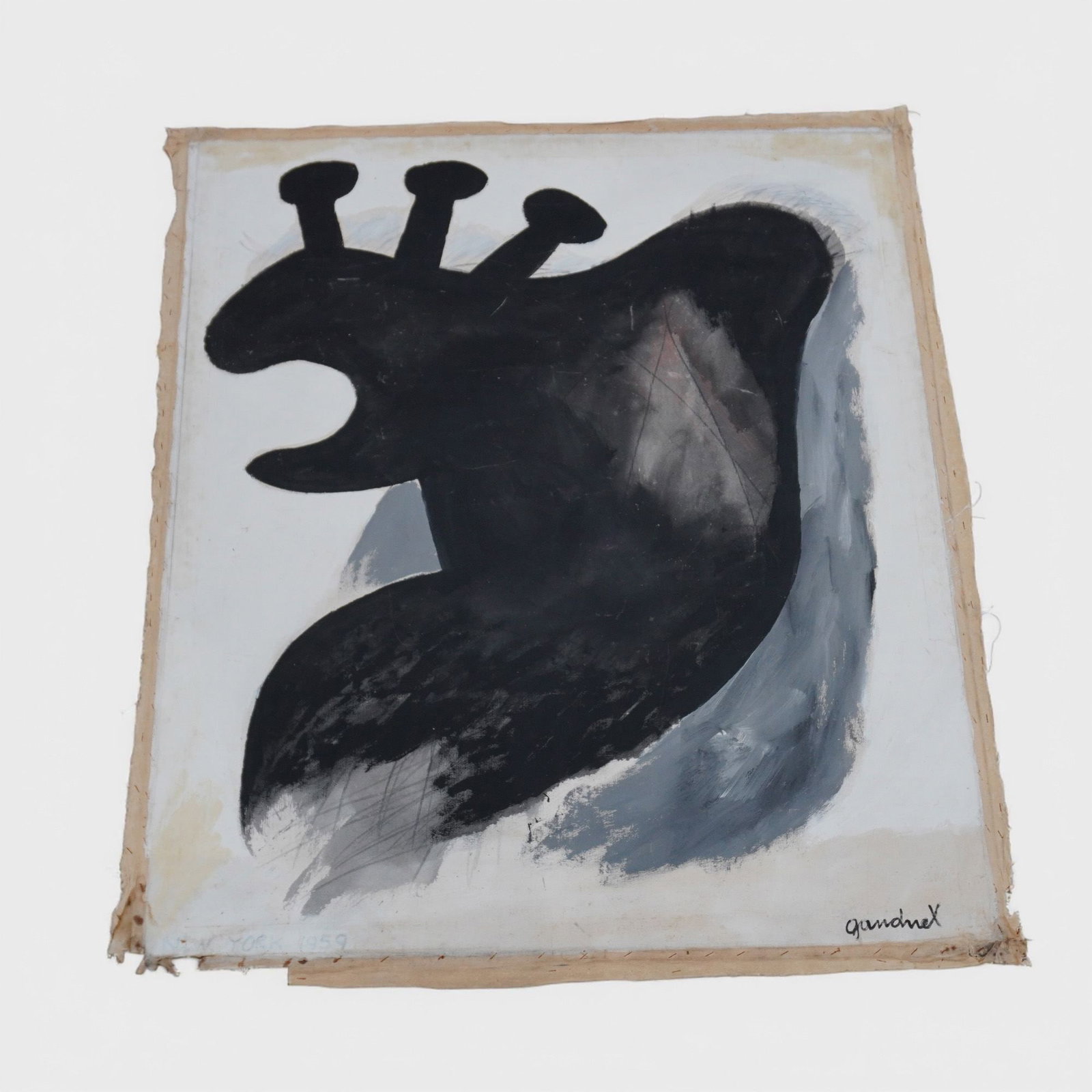 Walter Gaudnek (Czech 1931-2022) Oil on Unstretched Canvas, Dying Bull, Signed: This oil painting on unstretched canvas titled Dying Bull is by self-proclaimed "rebel artist', Walter Gaudnek. Dated to 1959, this abstract biomorphic composition features a bold, black central form 
