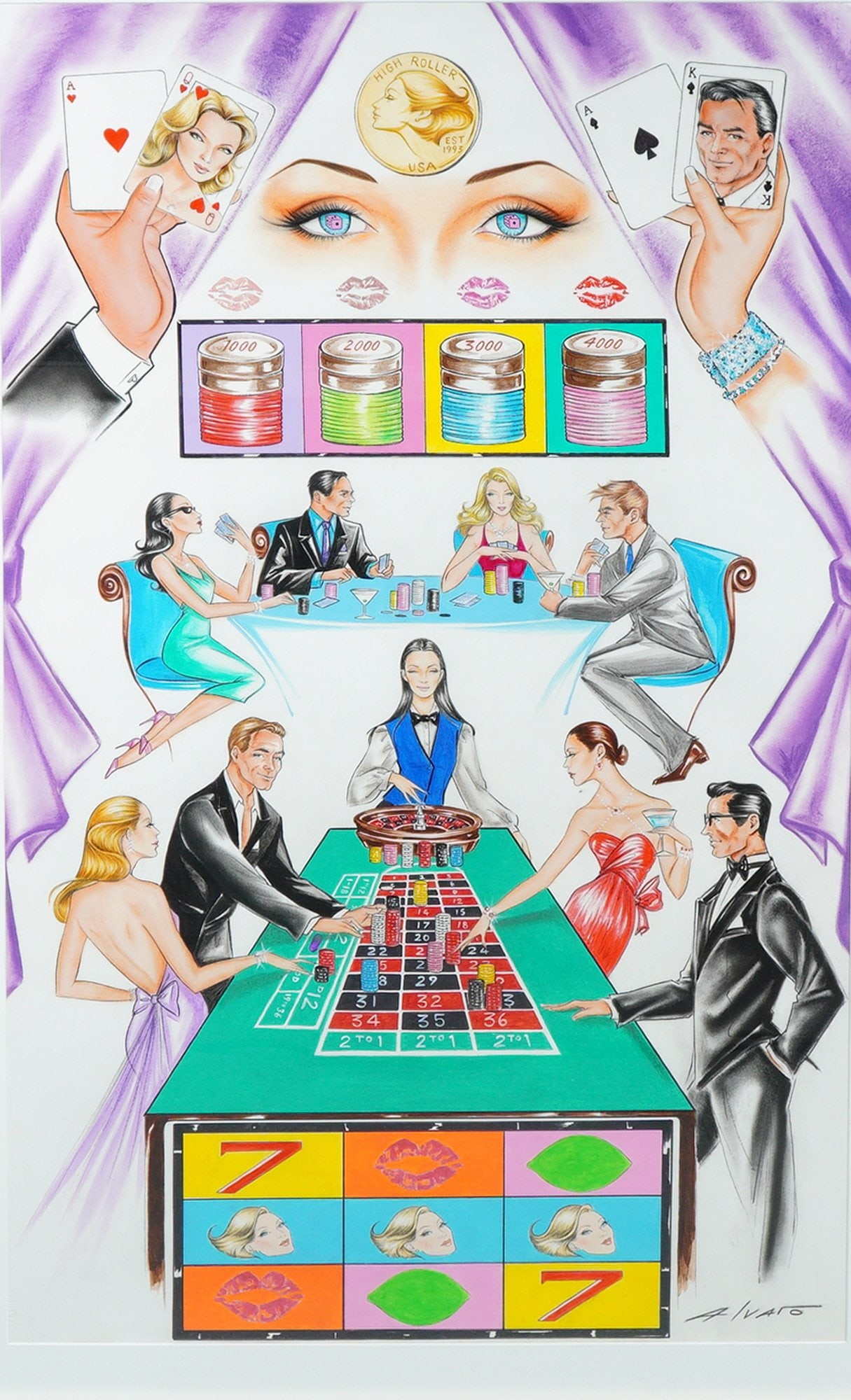 Alvaro Signed Multi Media on Paper Board Casino Scene with High Rollers: This large-scale illustrative artwork is a multi media on paper board featuring a casino scene with high rollers, signed Alvaro in the lower right. The composition is arranged in multiple tiers, depic