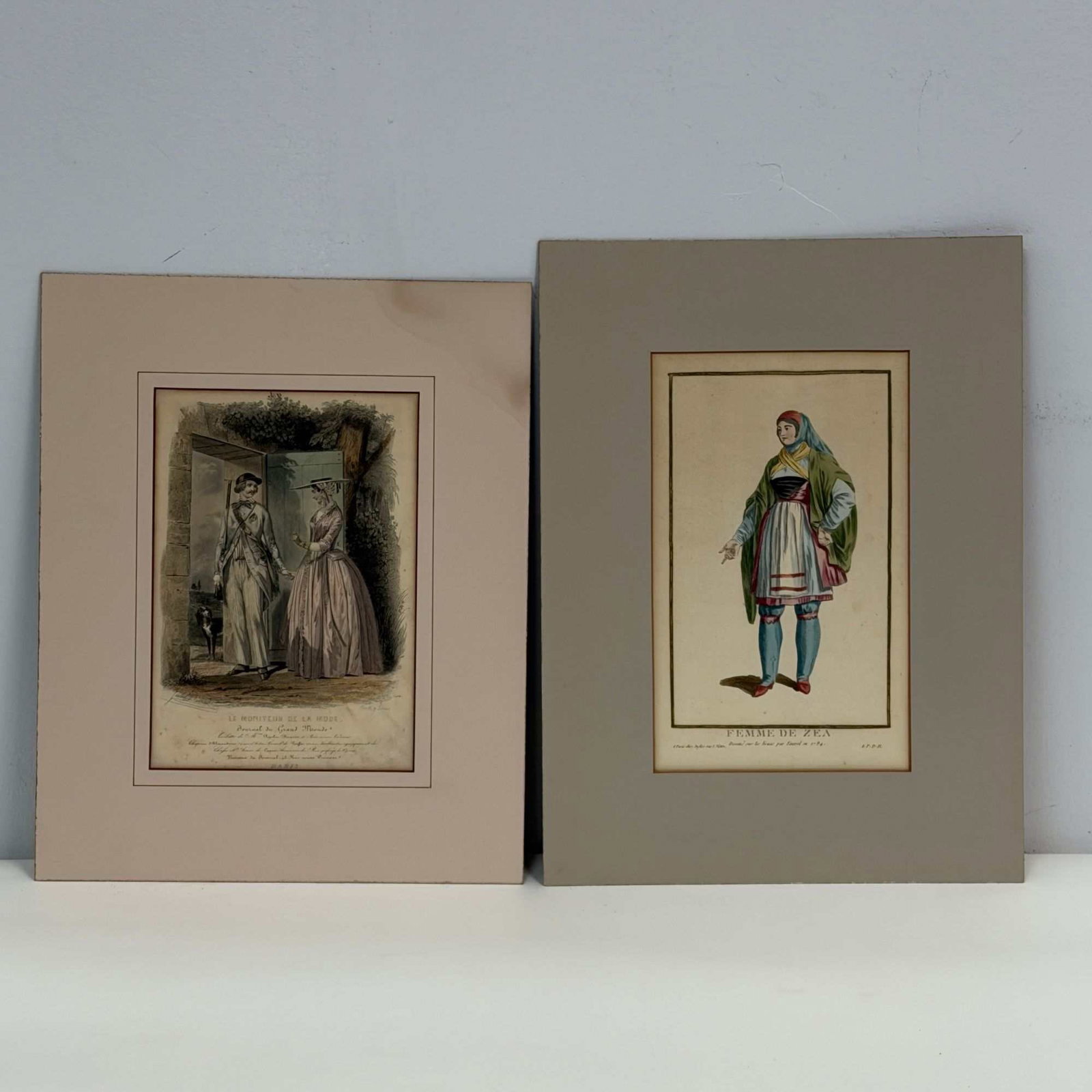 Two Hand-Colored Engravings, Louis-Francois-Sebastien Fauvel and Le Moniteur de la Mode: This lot consists of two hand-colored engravings including an 18th-century regional costume study and a 19th-century French fashion plate. The first work is titled Femme De Zea, designed by Louis-Fran