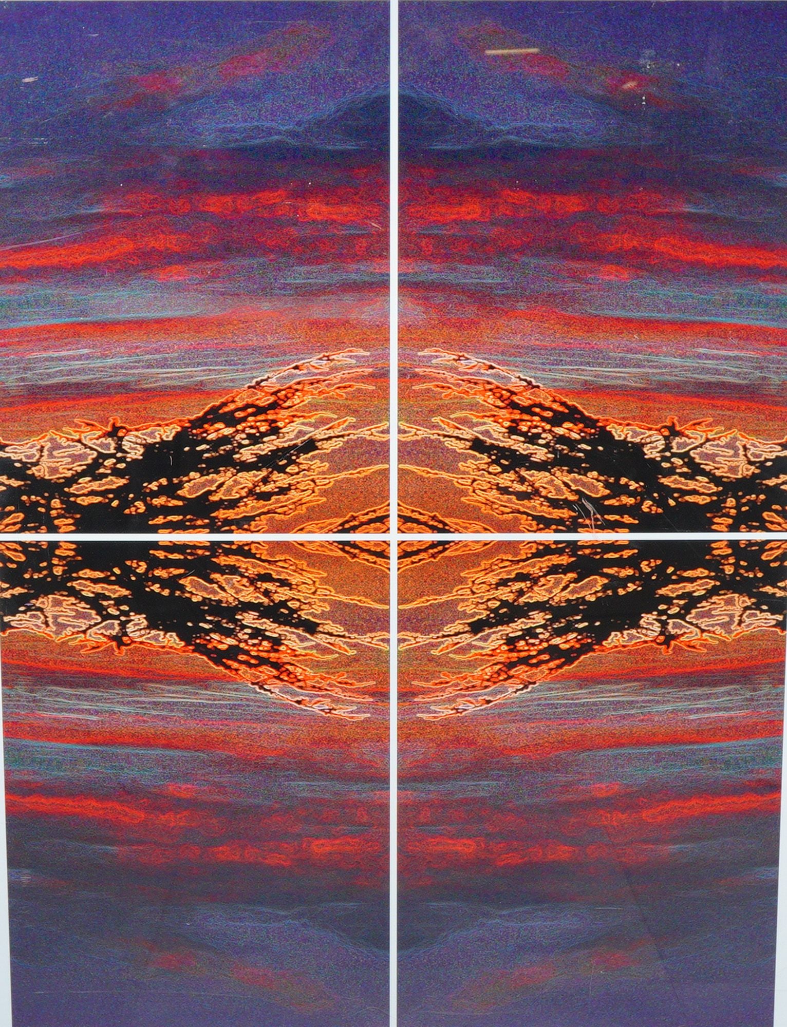 Richard Wolfryd Limited Edition Lithograph on Paper: This Richard Wolfryd limited edition lithograph on paper features a large-scale contemporary abstract composition. The work is organized into a symmetrical, four-quadrant layout with a central Rorscha