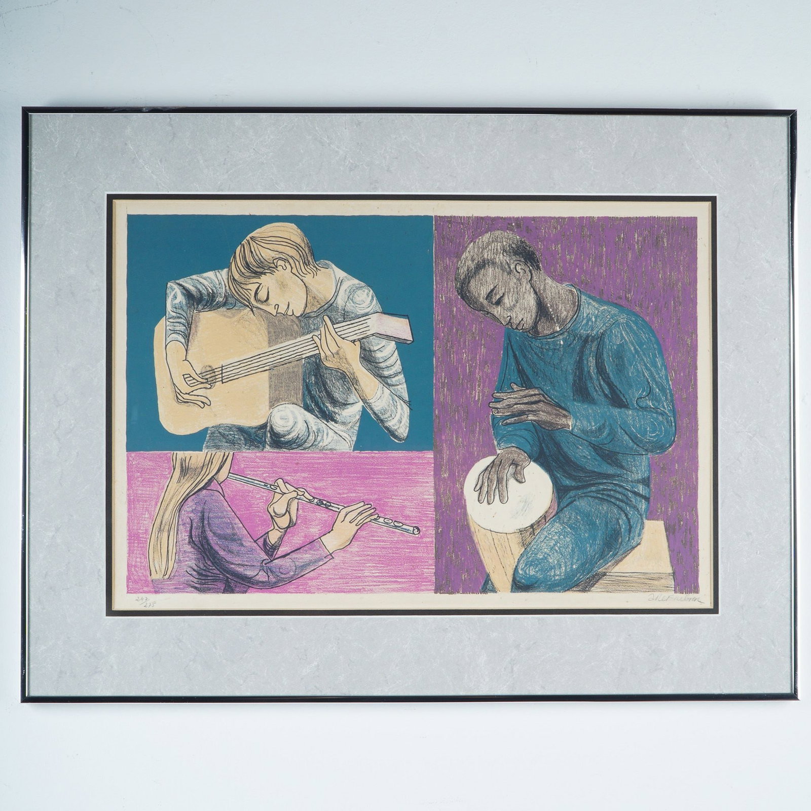 Anton Refregier, Color Lithograph, Three Musicians, Signed and Numbered: Color lithograph titled Three Musicians by Anton Refregier, depicting a trio of musicians-a guitarist, flutist, and drummer-each rendered in bold outlines and expressive color blocking. The compositio