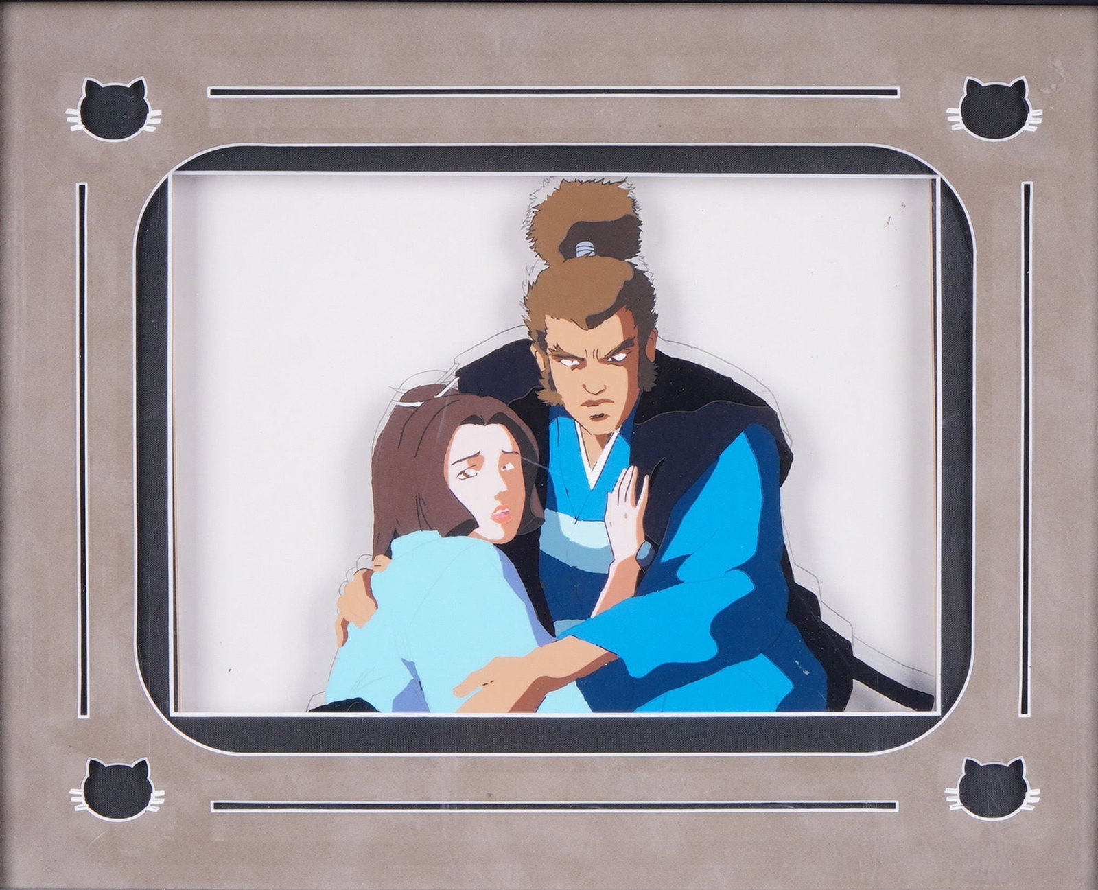 Madhouse Studios Ninja Scroll Jubei & Kagero 3D Serigraph Construction: This work is a three-dimensional serigraph construction on layered acetate depicting the characters Jubei Kibagami and Kagero from the 1993 anime film Ninja Scroll. The piece is a limited edition, num