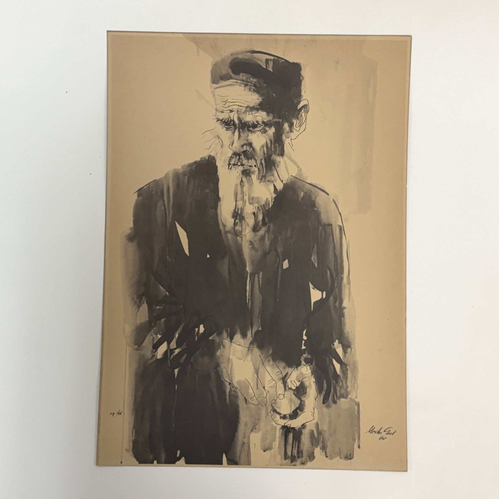 Moshe Gat (Israeli, b. 1935) Figure, Print After a Drawing, 1964: A print on toned wove paper after an original brush and ink drawing by the Israeli artist Moshe Gat (b. 1935). The work, titled Figure (D'mot), is a character study of an elderly man with a long beard
