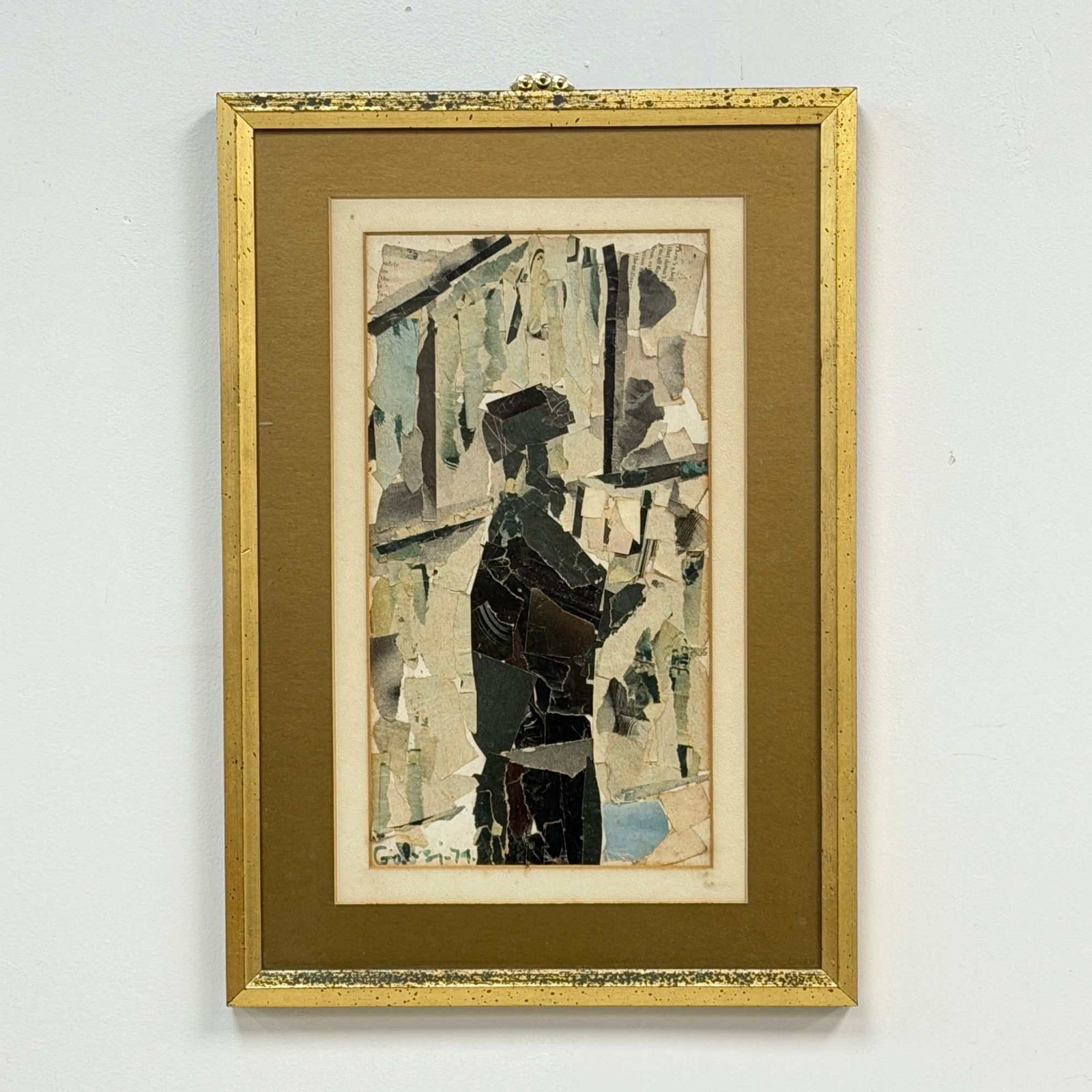 Gabsi, Framed Judaica Torn Paper Collage of a Rabbi, 1974: This late 20th-century collage on paper depicts an abstracted standing Rabbi in profile, rendered in a style influenced by Cubism. The figure is constructed from dark, angular fragments of torn paper,