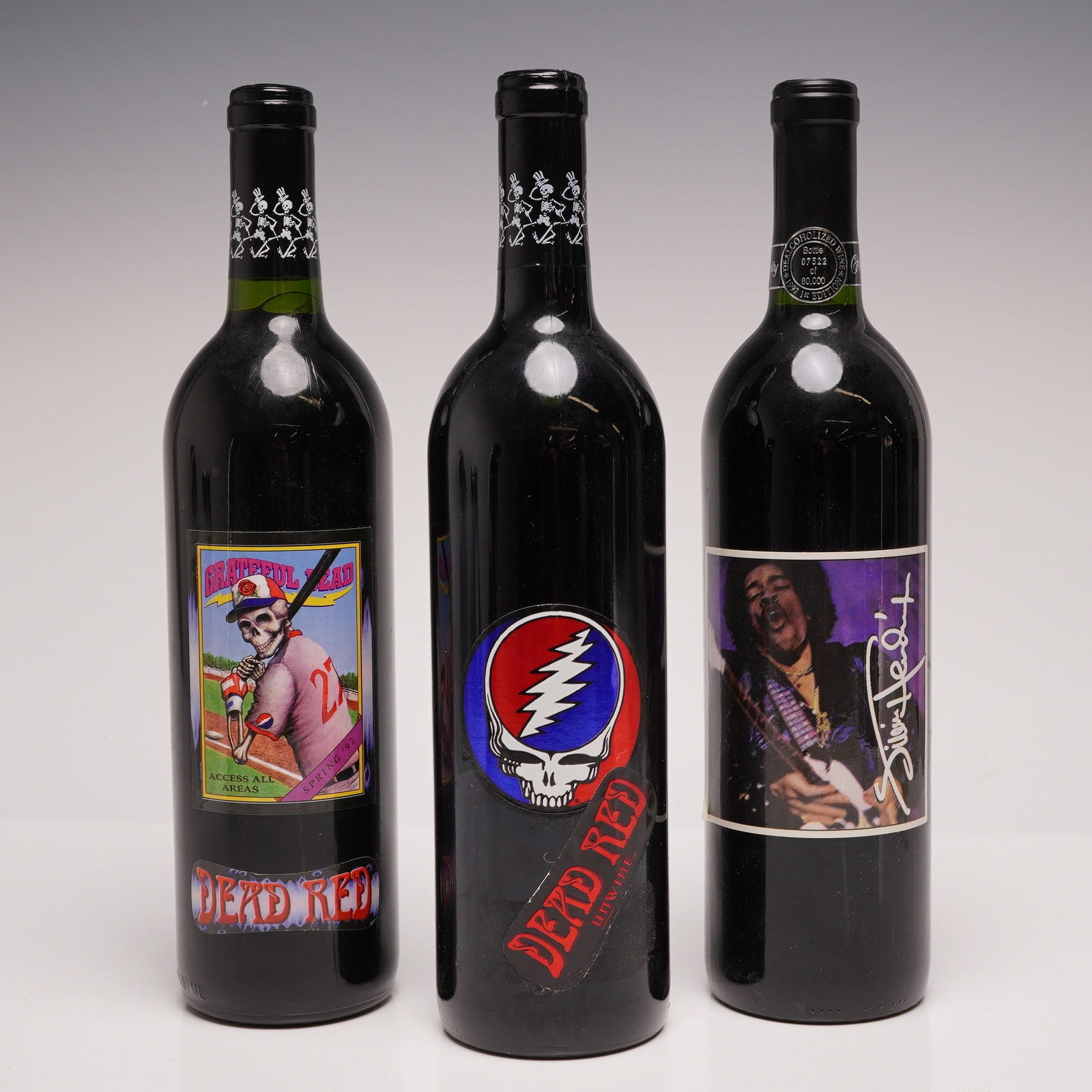 Set of 3 Celebrity Cellars De-alcoholized Rock 'n Roll Music Band Collectible Wine Bottles: This set of three de-alcoholized rock 'n roll music band collectible wine bottles was produced by Celebrity Cellars in the early 1990s. The collection includes one Jimi Hendrix bottle and two Grateful