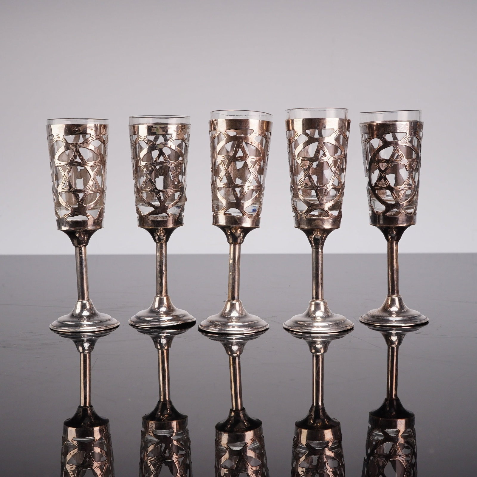 5pc Israeli Sterling Silver Cordial Cups with Glass Inserts (1 of 2)