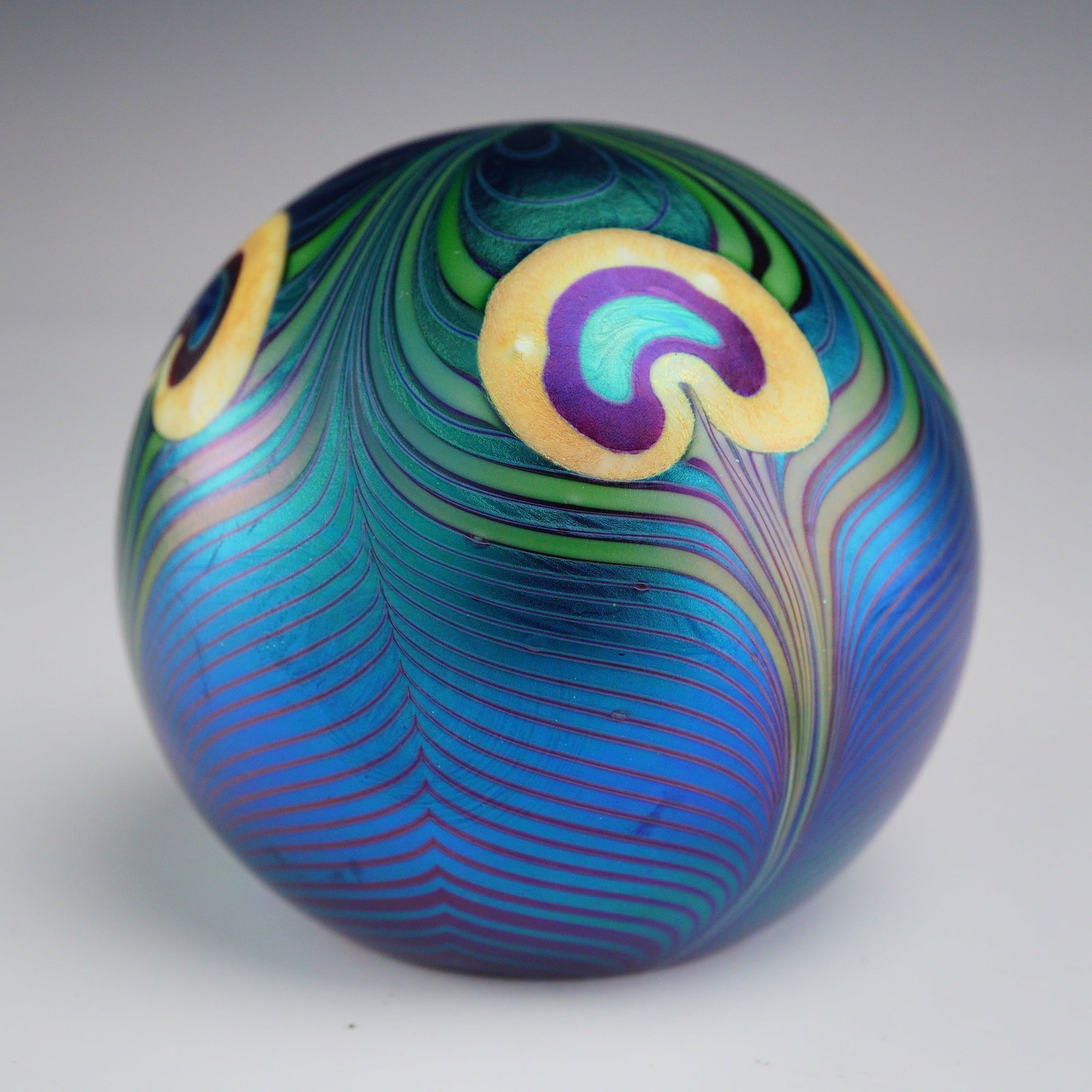 Onef Iridescent Studio Art Glass Peacock Feather Paperweight, Dated 1980 (1 of 4)