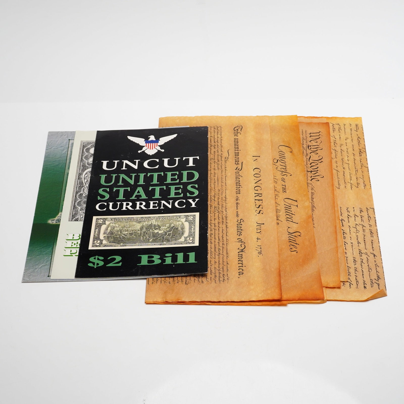 Collection of 1976, 1995 US Uncut Two-Dollar and One-Dollar Currency Sheets with Historic Document (1 of 4)