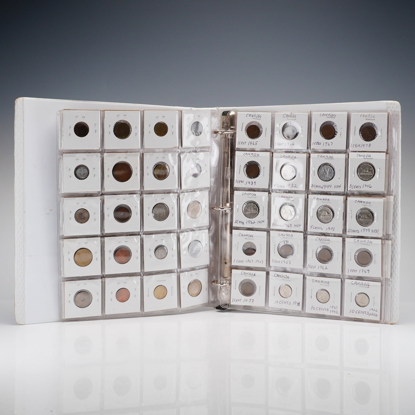 Collection of US and Foreign Mixed Circulated Coins of Various Dates in Binder: This lot comprises a collection of various dated foreign mixed coins from several global issuers, organized within six plastic pocket pages in a white three-ring binder. The collection features a sign