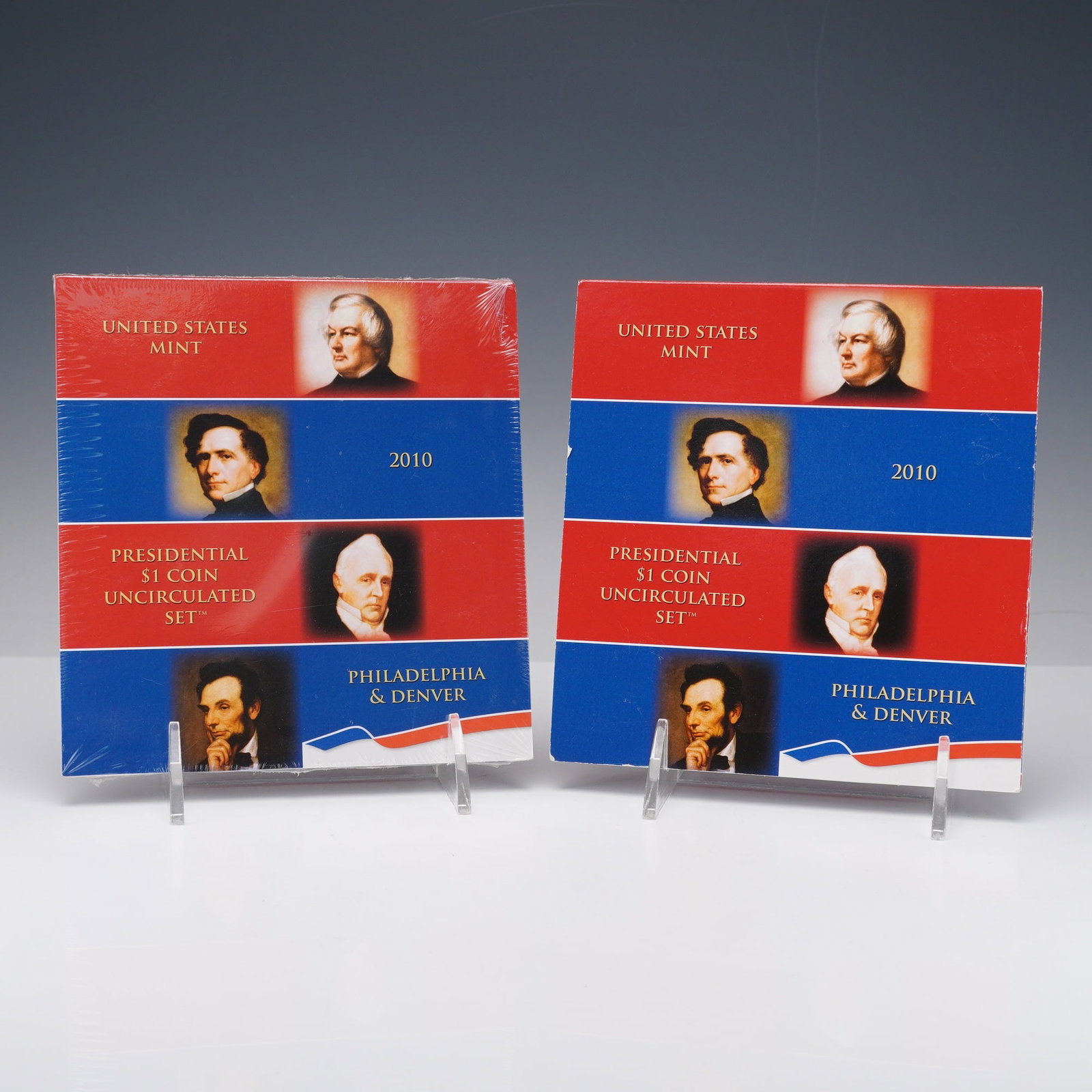 Pair of 2010-D&P Presidential Dollar Uncirculated Set: Each set honors four U.S. Presidents-Millard Fillmore, Franklin Pierce, James Buchanan, and Abraham Lincoln-with individual $1 coins struck in brilliant uncirculated condition. The obverse of each coi