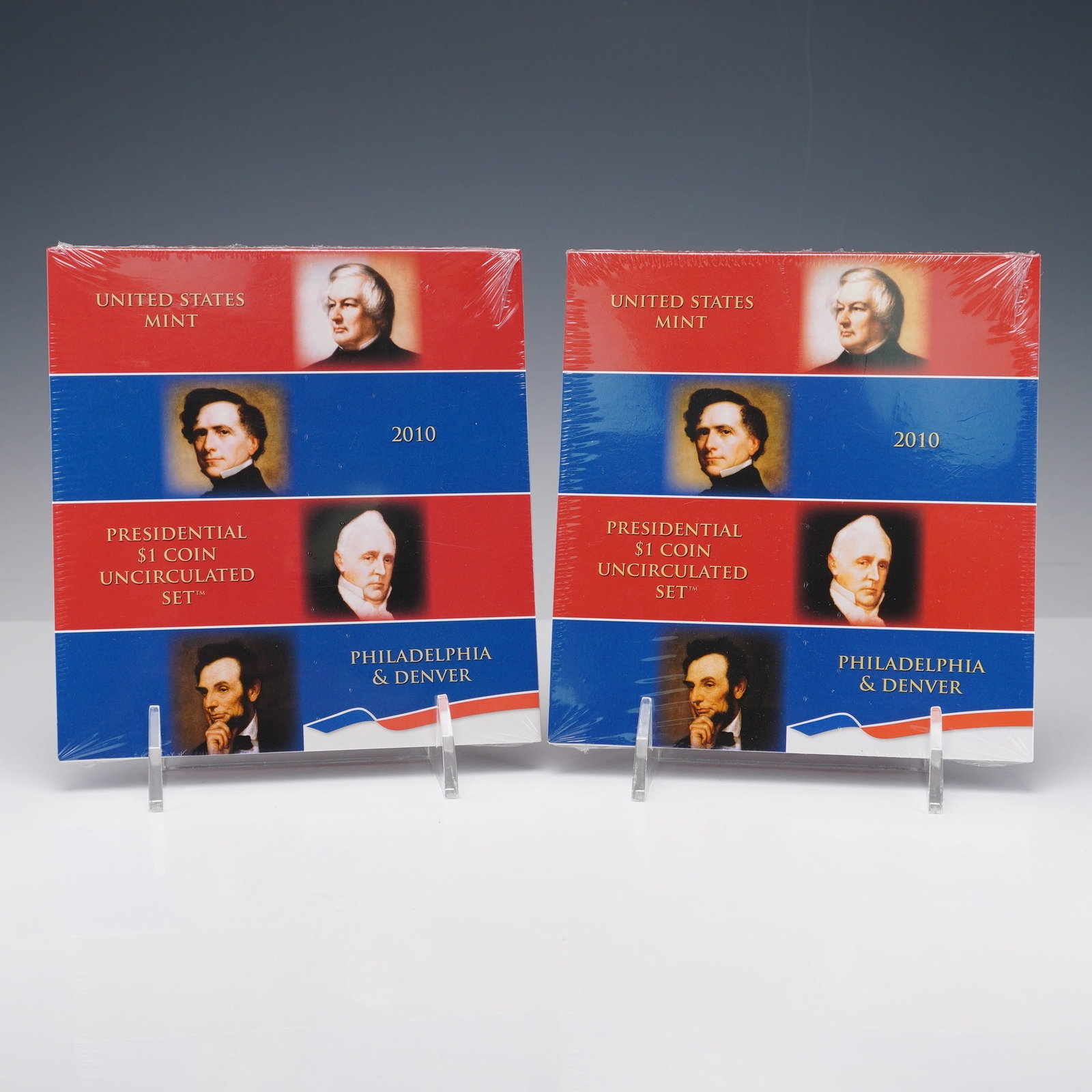 Pair of 2010-D&P Presidential Dollar Uncirculated Set: Uncirculated Sets from the Philadelphia (P) and Denver (D) Mints. Each set includes eight coins, featuring the portraits of Presidents Millard Fillmore, Franklin Pierce, James Buchanan, and Abraham Li