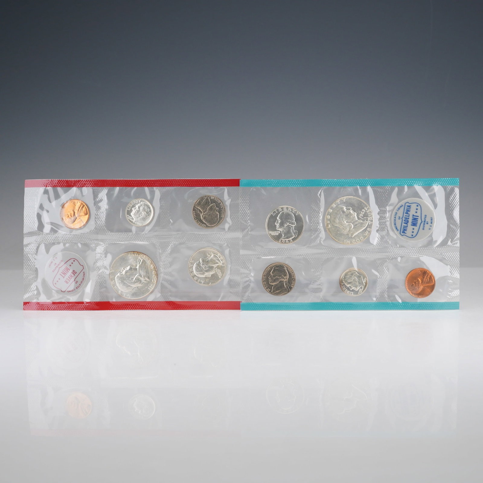 2pc 1963 United States Mint Proof Coin Sets: This 1963 United States Mint Uncirculated Coin Set comprises complete issues from both the Philadelphia and Denver Mints. Each set contains the Lincoln cent, Jefferson nickel, Roosevelt dime, Washingt