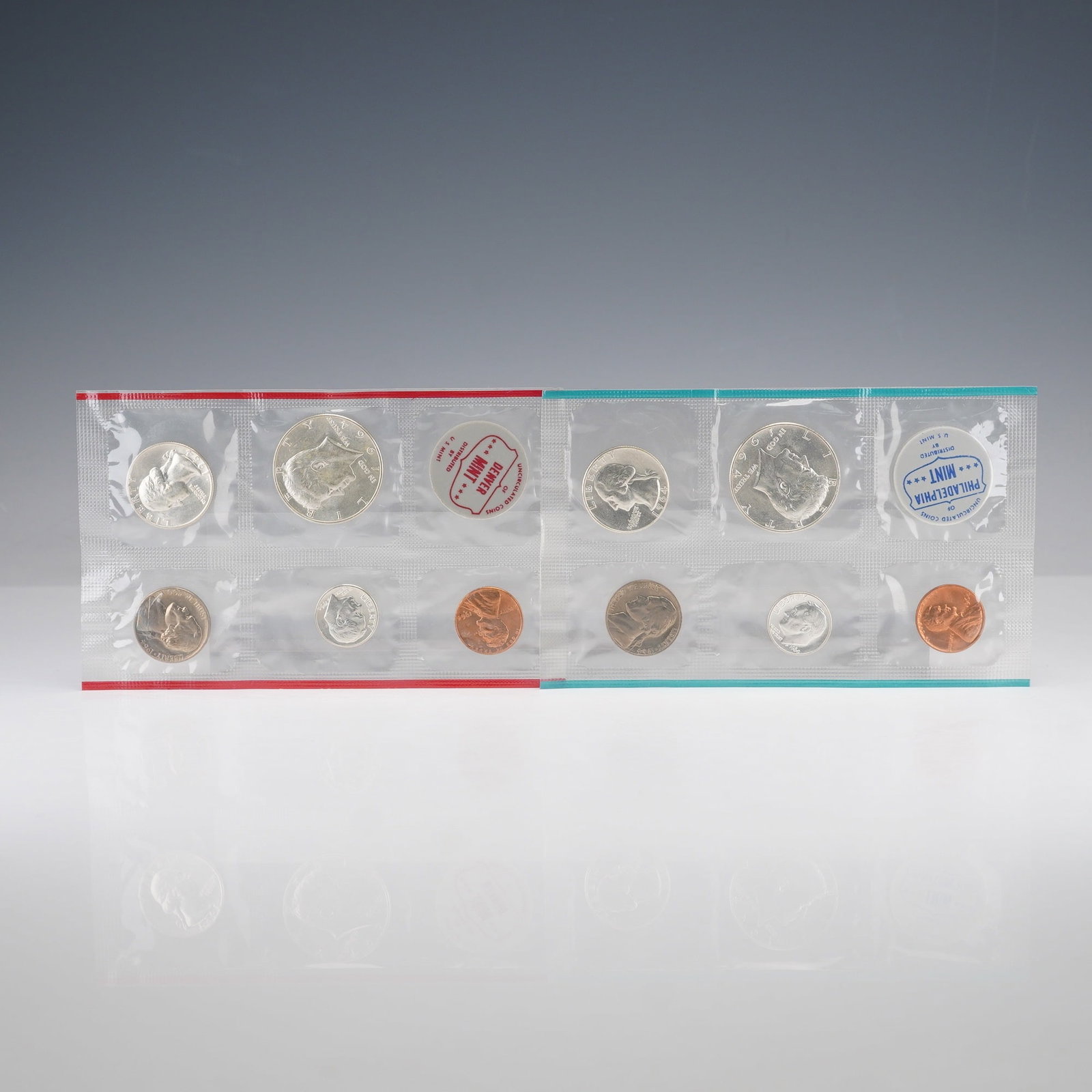 2pc 1964 United States Mint Proof Coin Sets: This lot consists of two 1964 United States Mint Uncirculated Coin Sets representing both the Philadelphia and Denver Mints. Each set contains five coins; the Lincoln cent, Jefferson nickel, Roosevelt