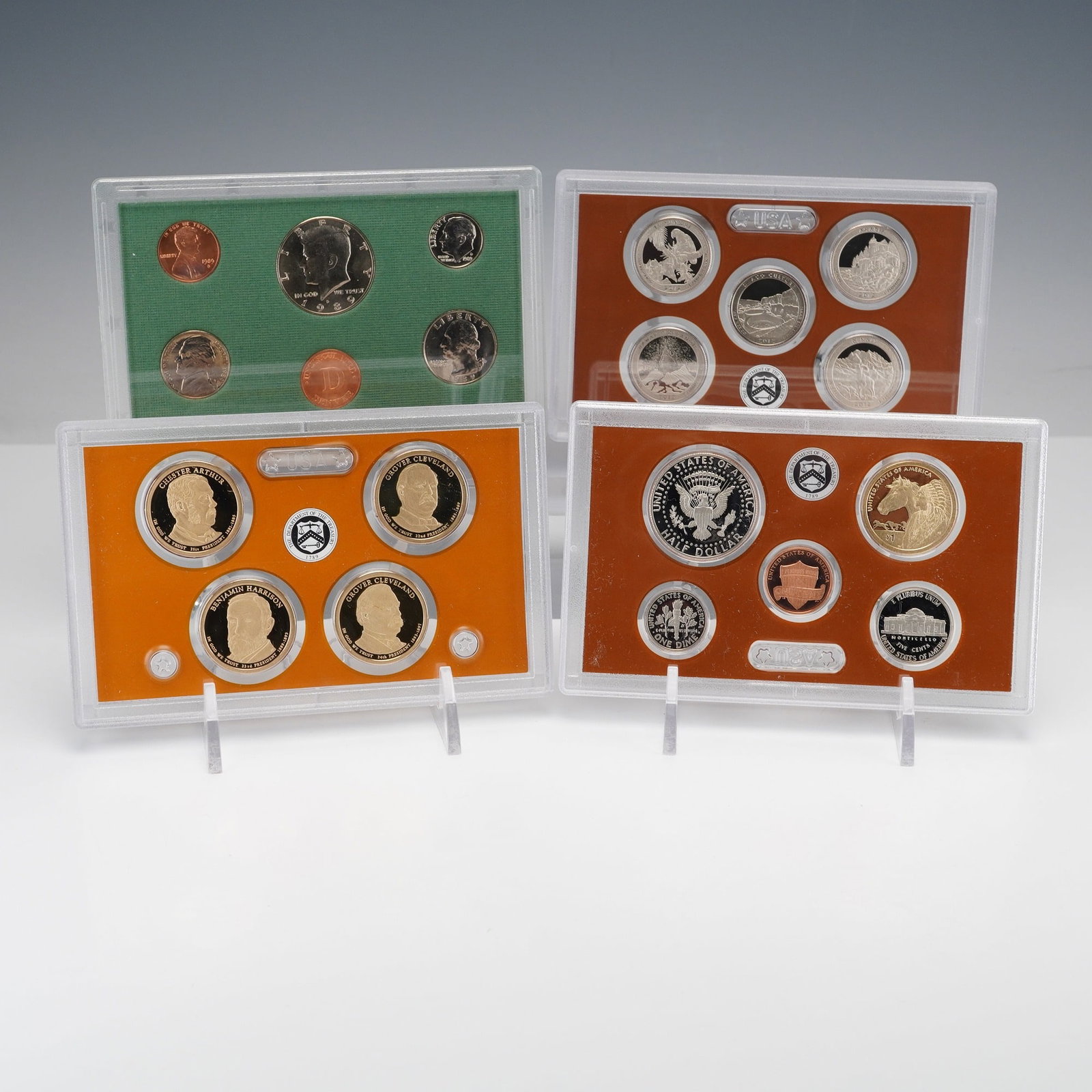 2pc 2012 United States Mint Proof Set and 1989 Denver Uncirculated Bank Set: This lot includes a 2012 United States Mint Proof Set and a 1989 Uncirculated Bank Set from the Denver Mint. The 2012 set features the cent, nickel, dime, half dollar, and dollar coins along with the 